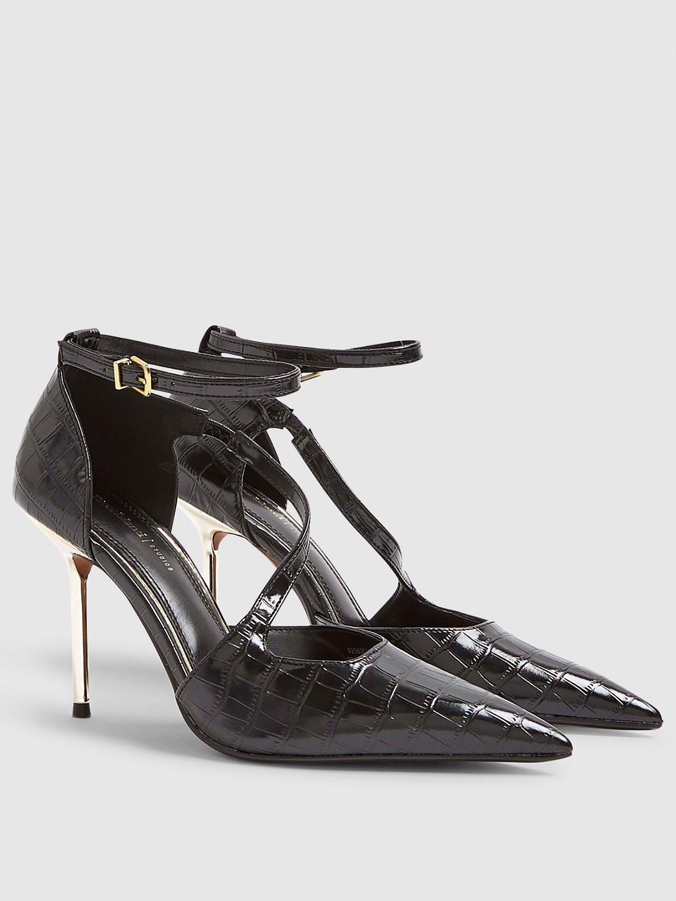 Image 3 of 6 of River Island Croc Asymmetrical Strap Metal Heel - Black