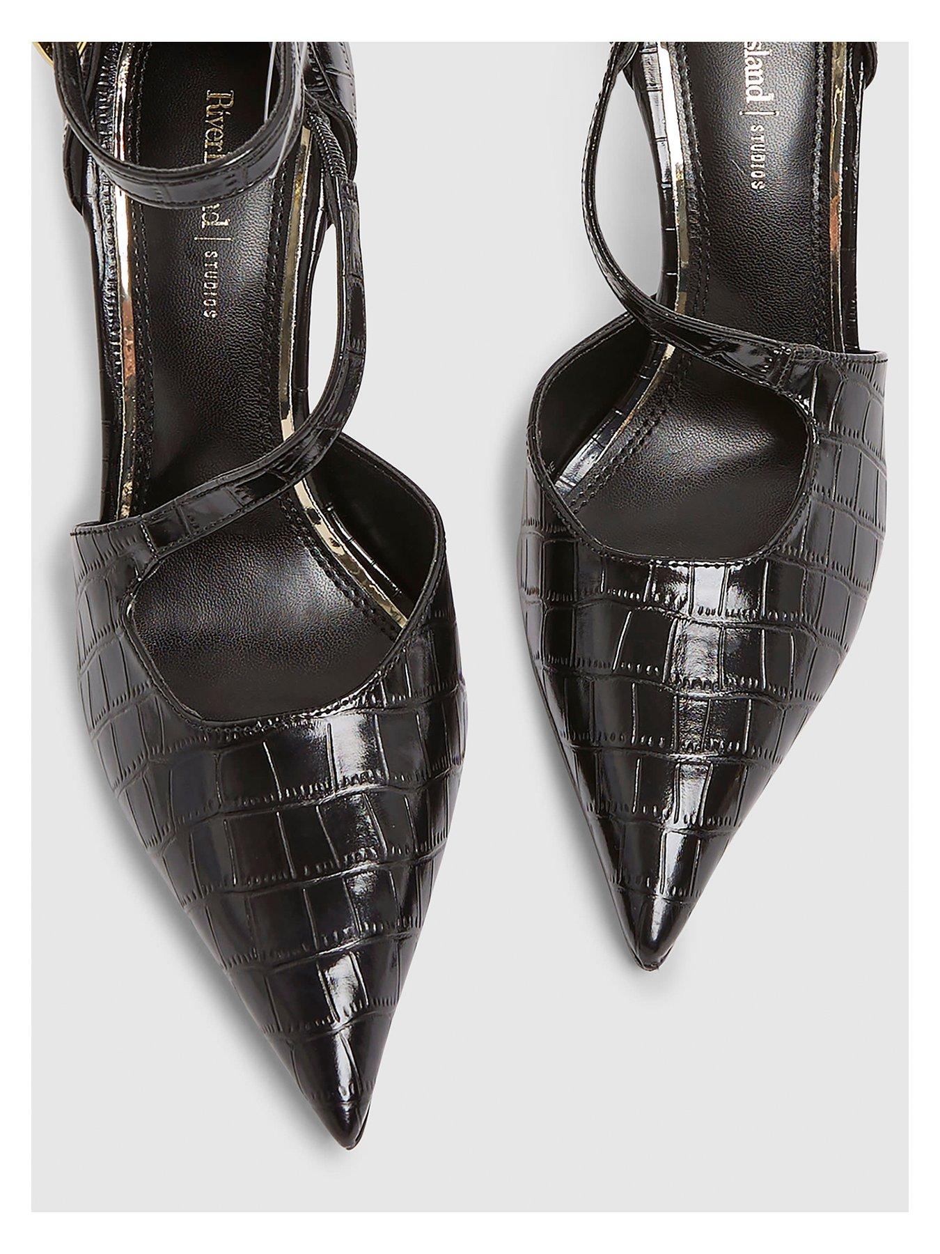 Image 5 of 6 of River Island Croc Asymmetrical Strap Metal Heel - Black