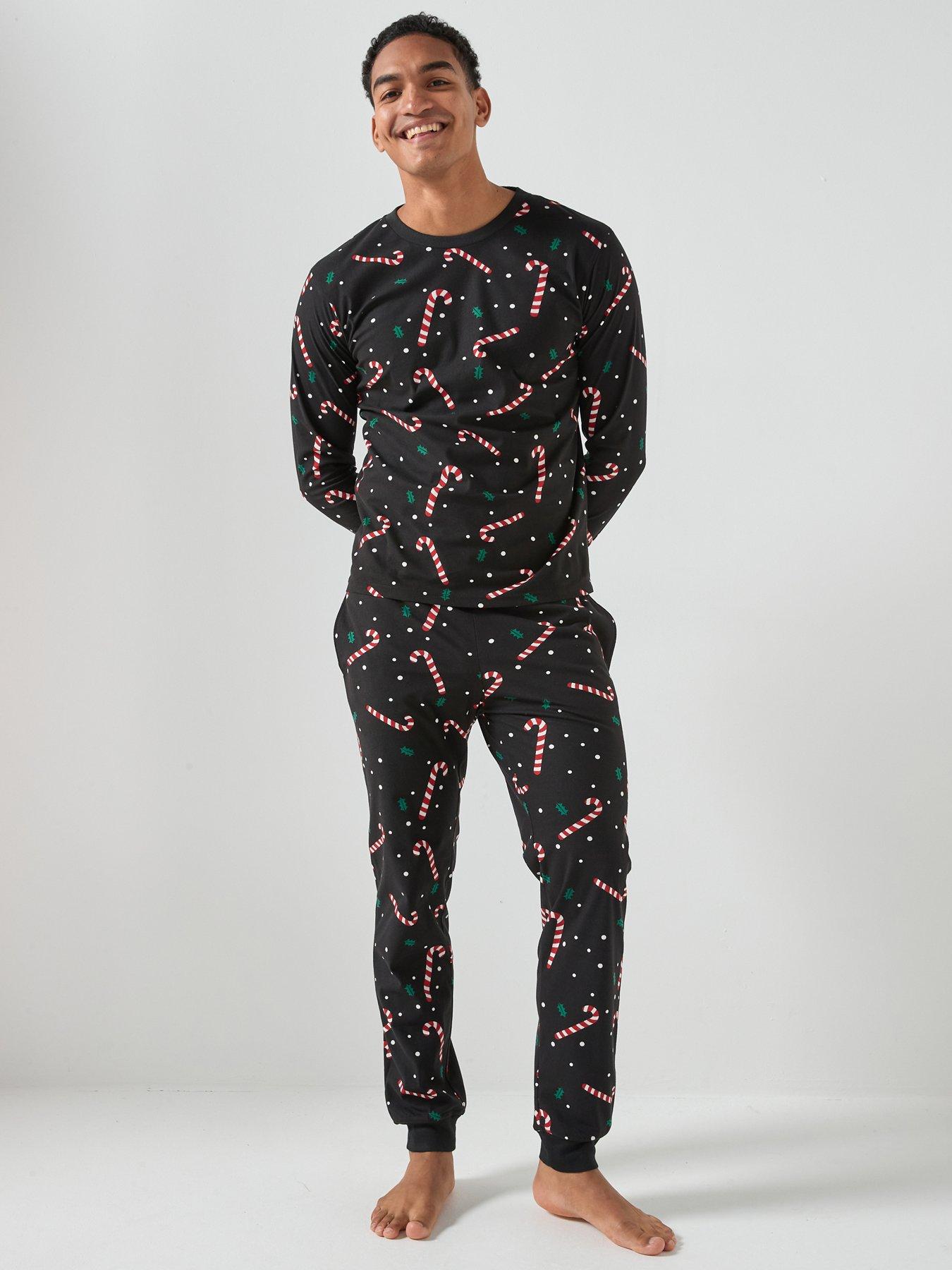 Jack & Jones Christmas Candy Cane Printed Loungewear Top And Pants - Black
