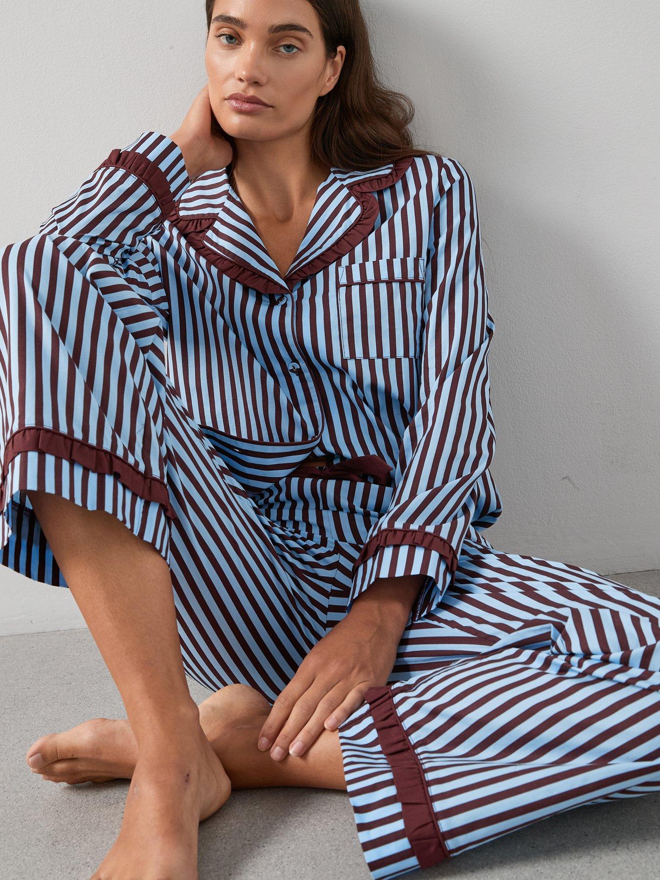 The Very Collection Contrast Collar Stripe Cotton Revere Pyjama Set - Blue