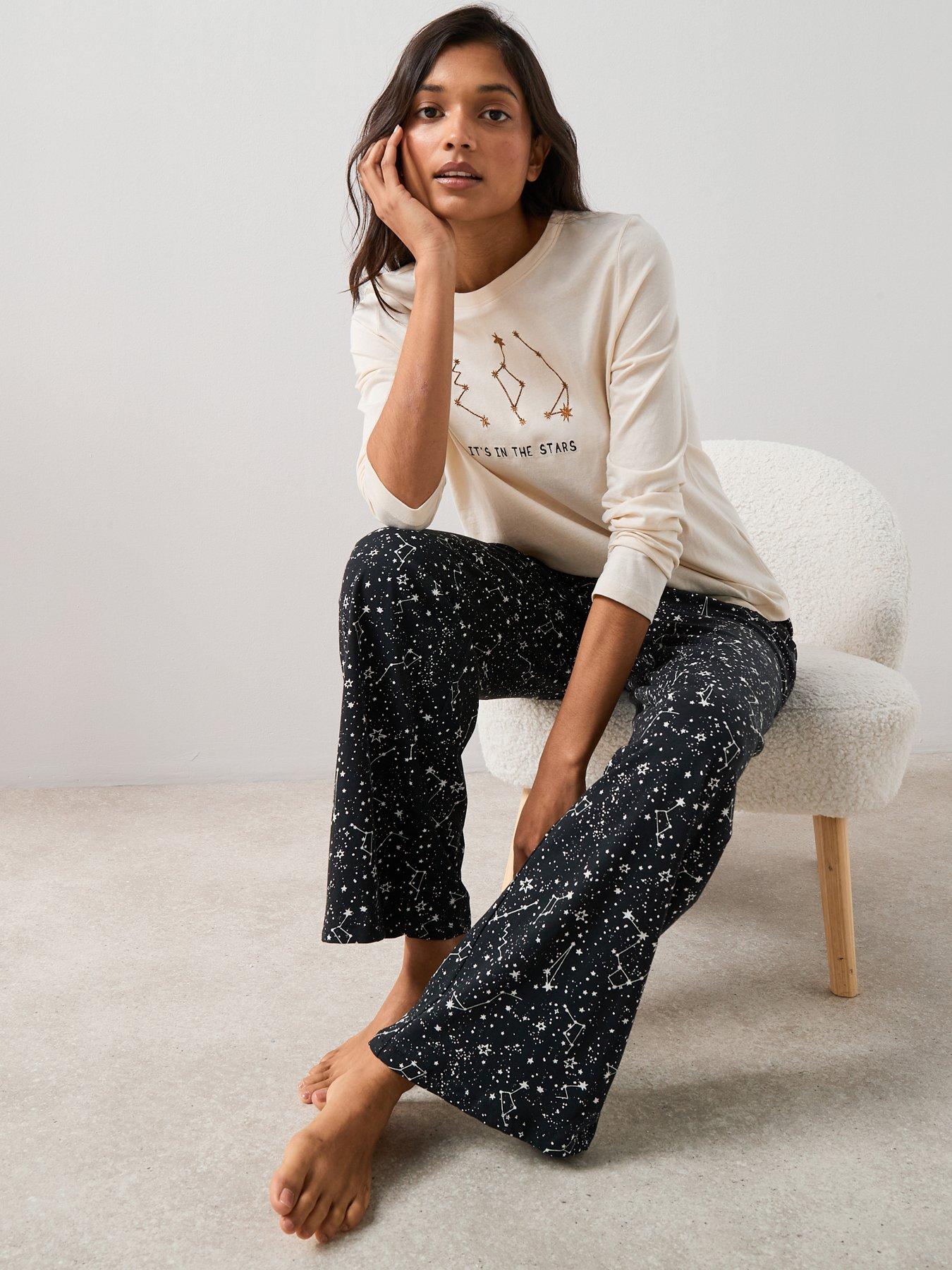Image 1 of 7 of The Very Collection Constellations Star Print With Wide Leg Bottom Pyjama Set - Multi