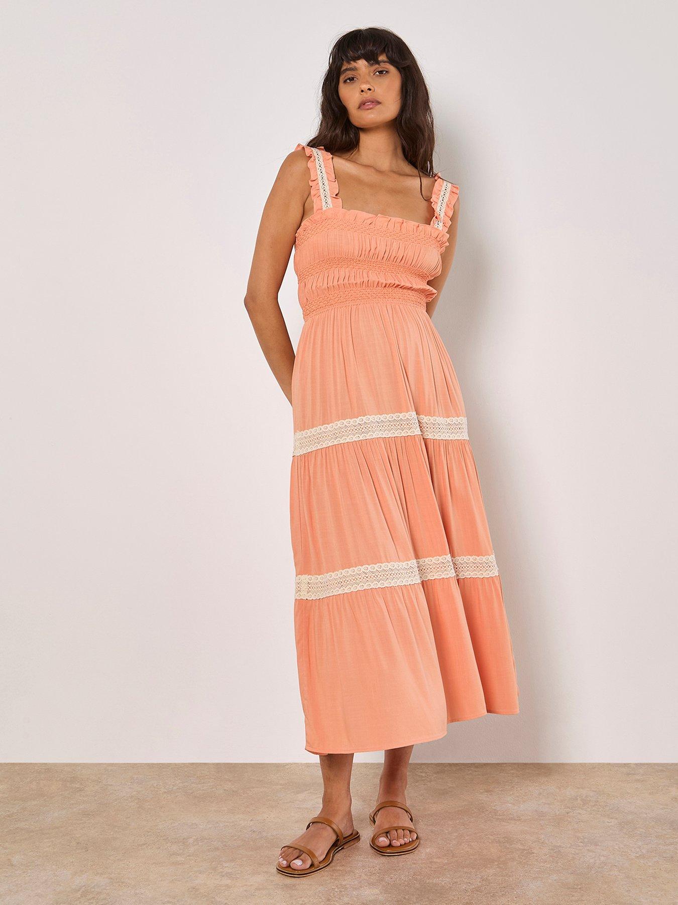 Image 1 of 4 of Apricot Crochet Lace Tiered Midi Dress - Orange