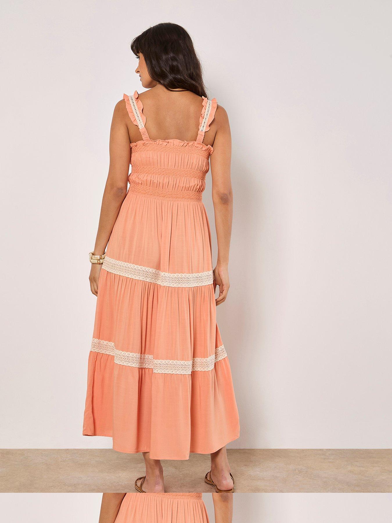 Image 2 of 4 of Apricot Crochet Lace Tiered Midi Dress - Orange