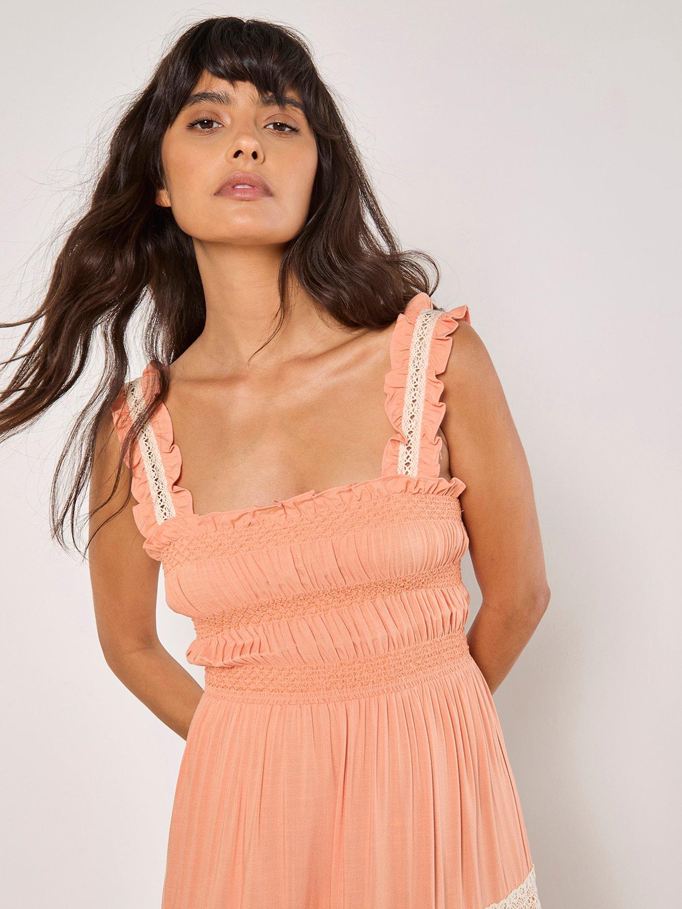 Image 3 of 4 of Apricot Crochet Lace Tiered Midi Dress - Orange