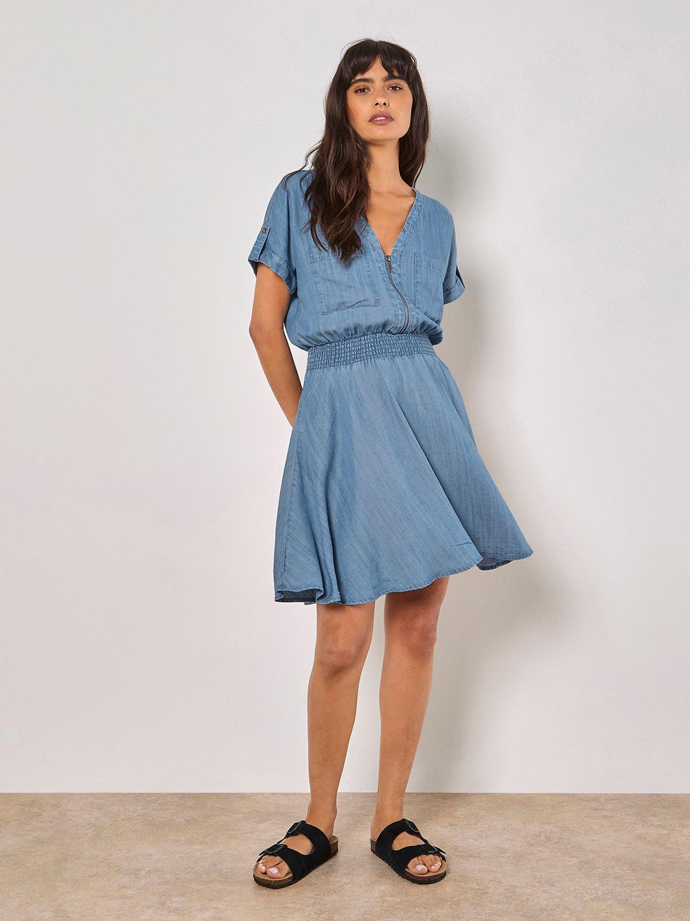 undefined Denim Smocked Mini Dress - Blue