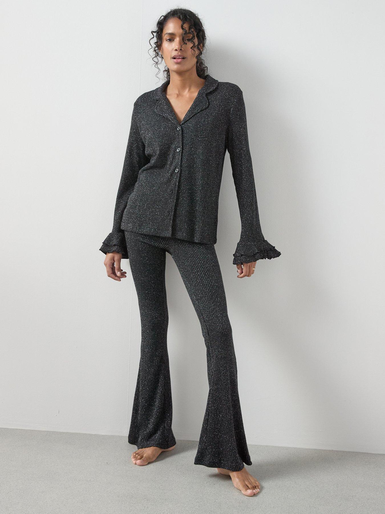 The Very Collection Glitter Flare Cuff Revere Pyjama Set - Black
