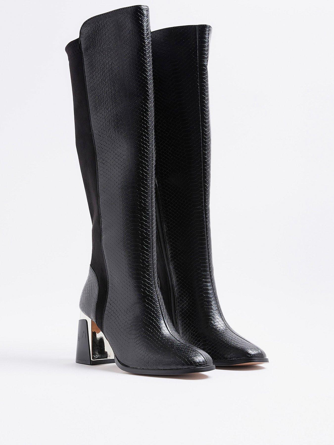 Image 2 of 6 of River Island Wide Metal Heel Knee High Boot - Black