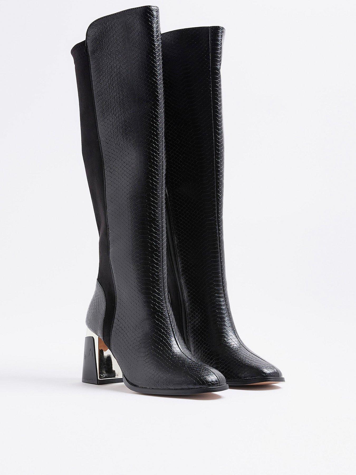 Image 3 of 6 of River Island Wide Metal Heel Knee High Boot - Black