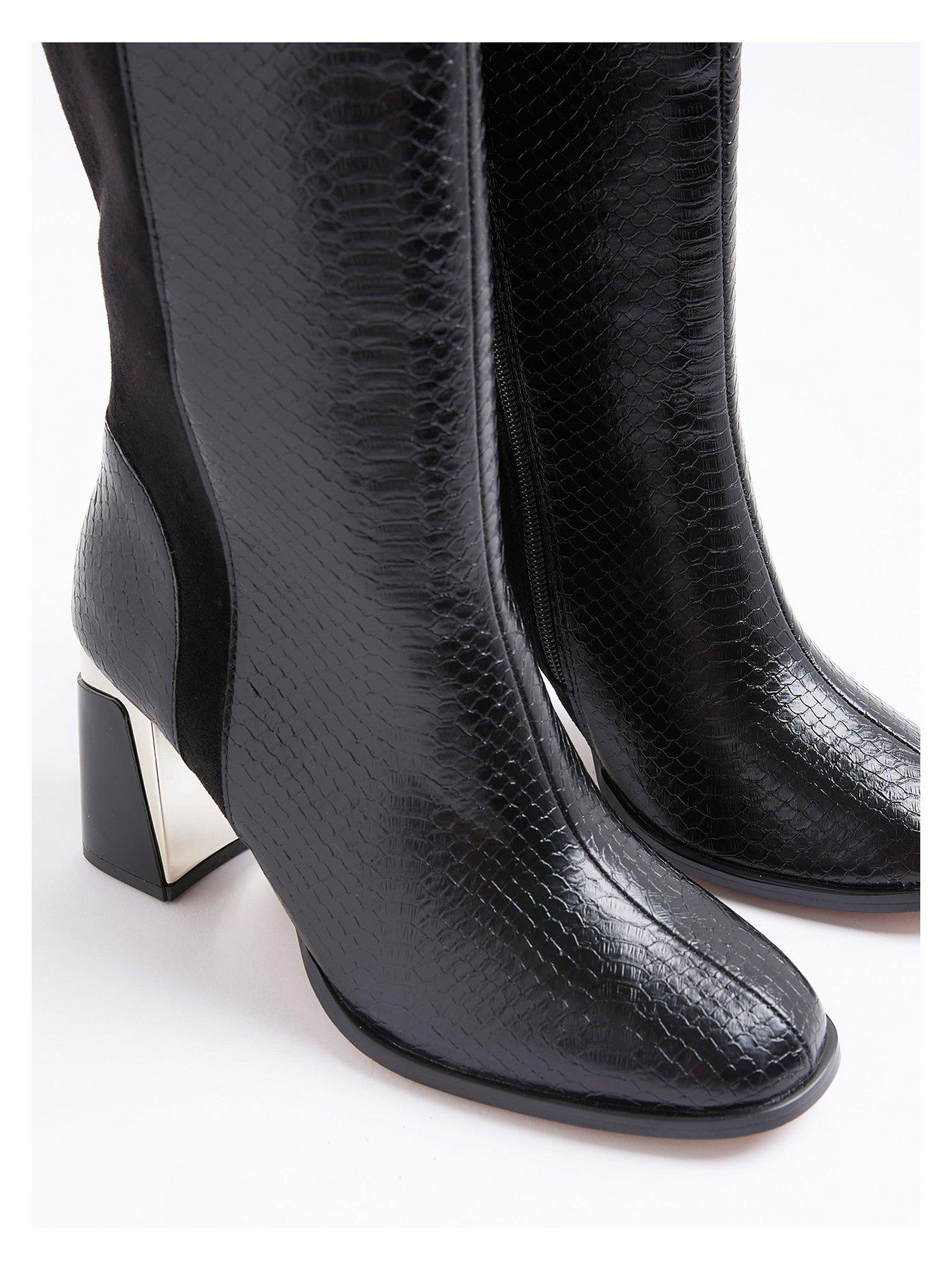Image 4 of 6 of River Island Wide Metal Heel Knee High Boot - Black