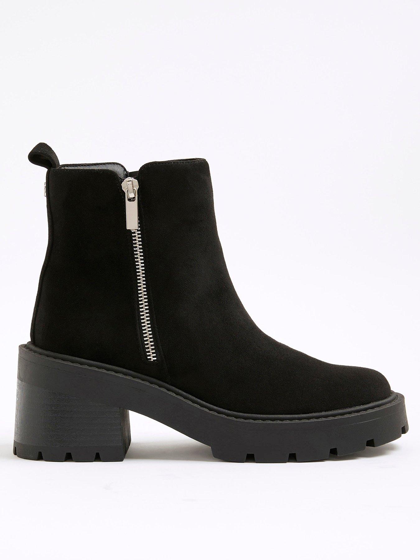 River Island Block Heeled Side Zip Boot - Black