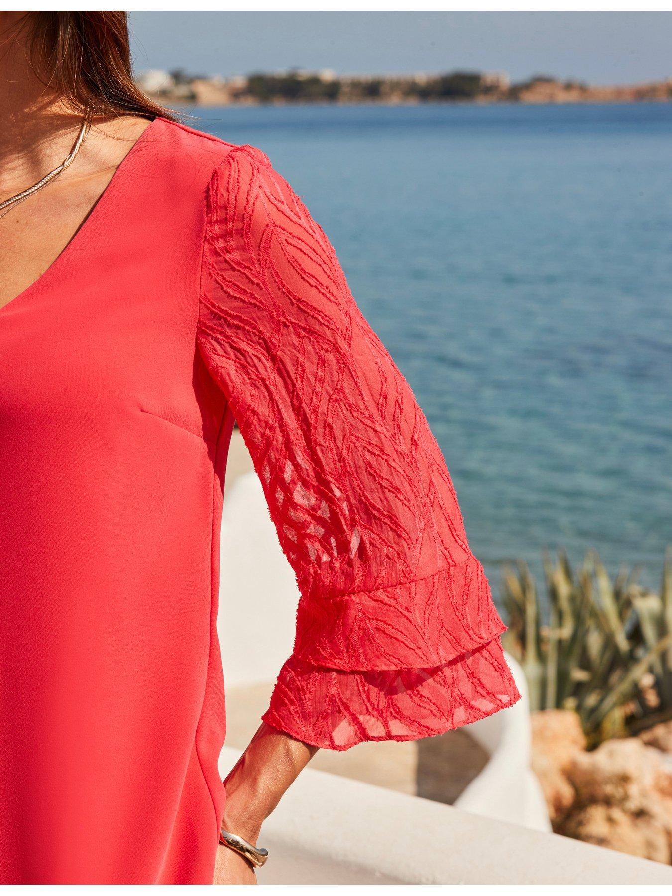 Sosandar Coral Textured Flutter Sleeve Shift Dress - Pink | Very
