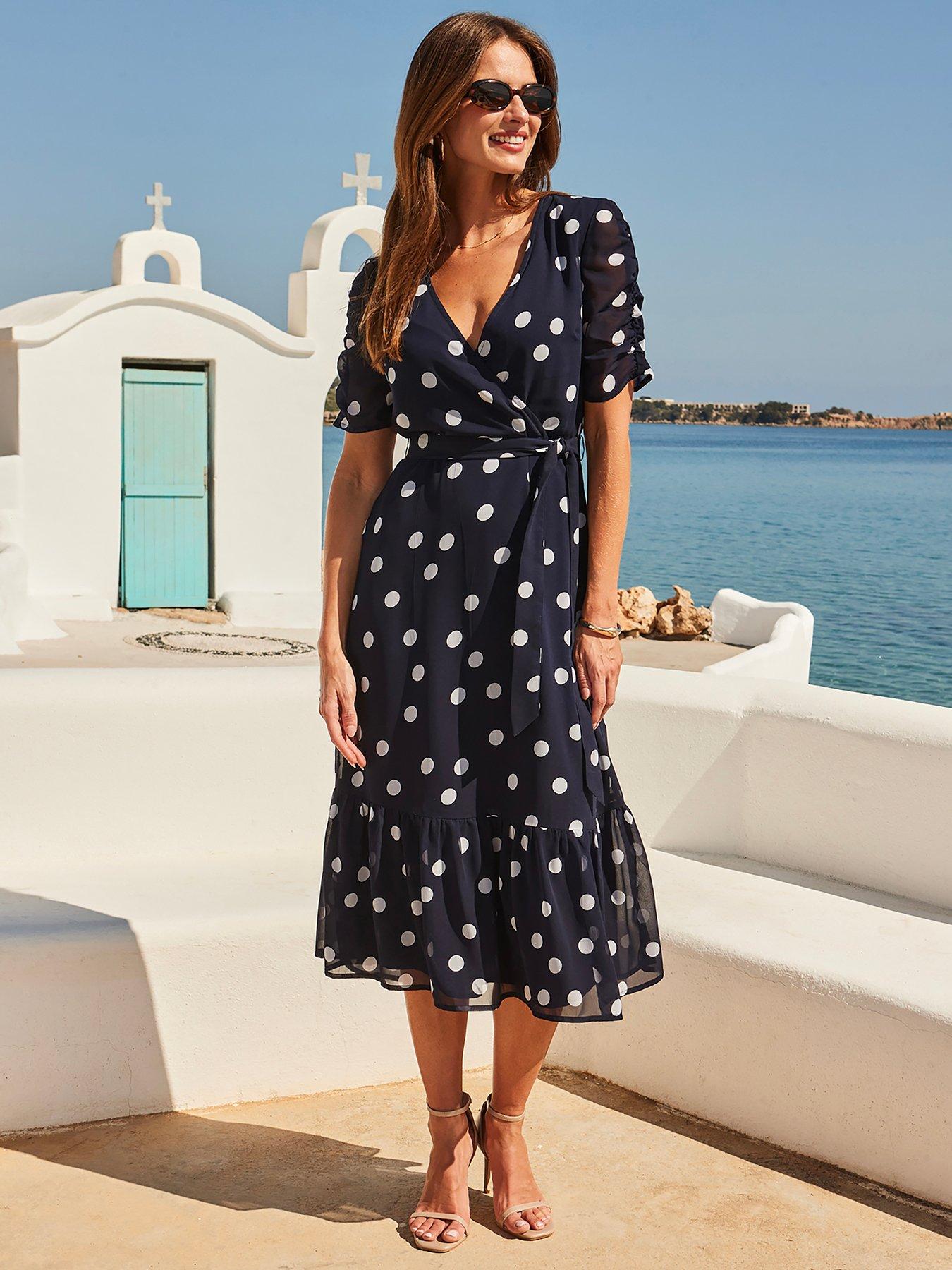 undefined Navy Blue & White Spot Print Belted Faux Wrap Dress
