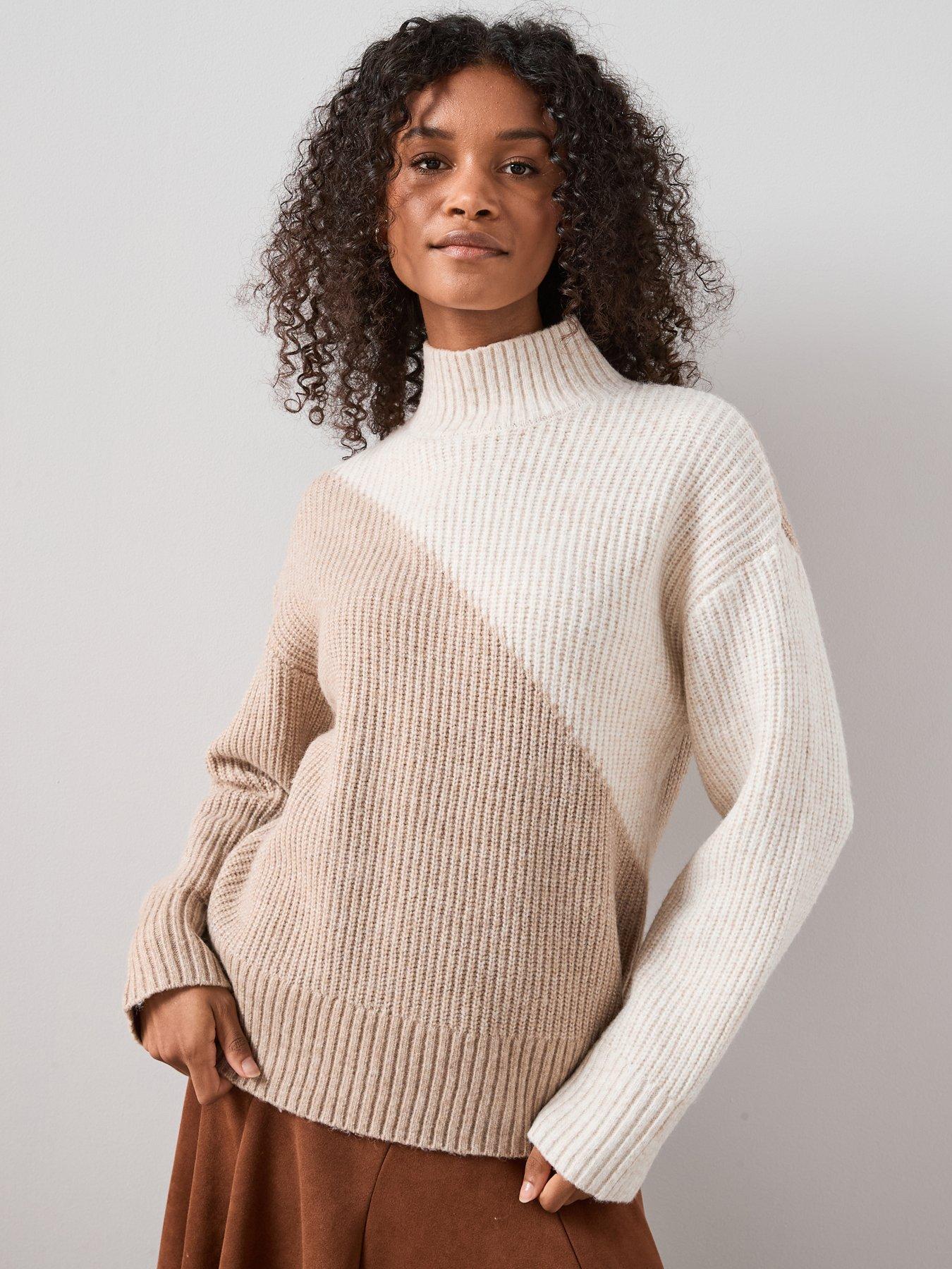 Image 1 of 7 of The Very Collection Funnel Neck Colour Block Jumper With Wool - Beige