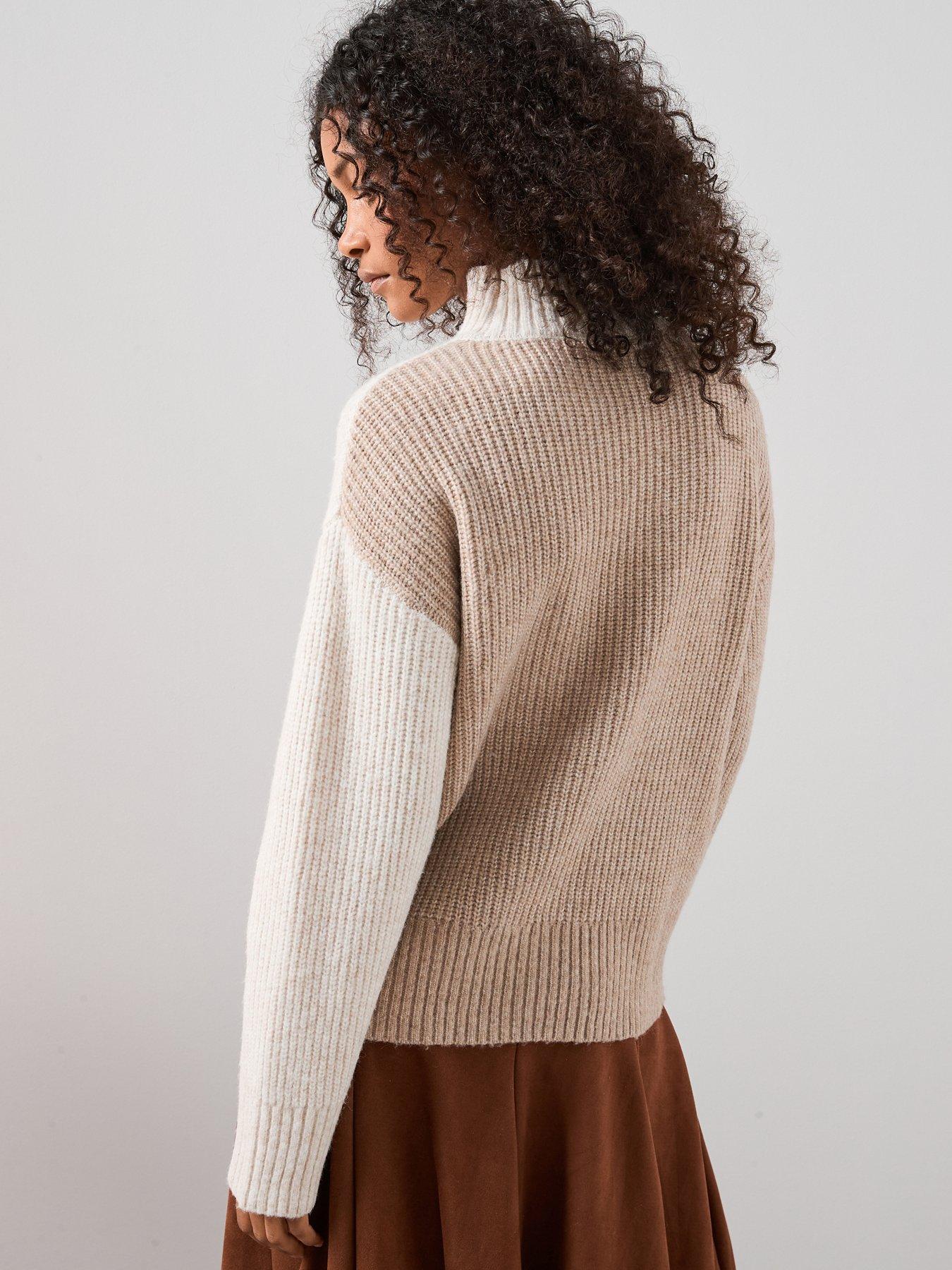 Image 2 of 7 of The Very Collection Funnel Neck Colour Block Jumper With Wool - Beige
