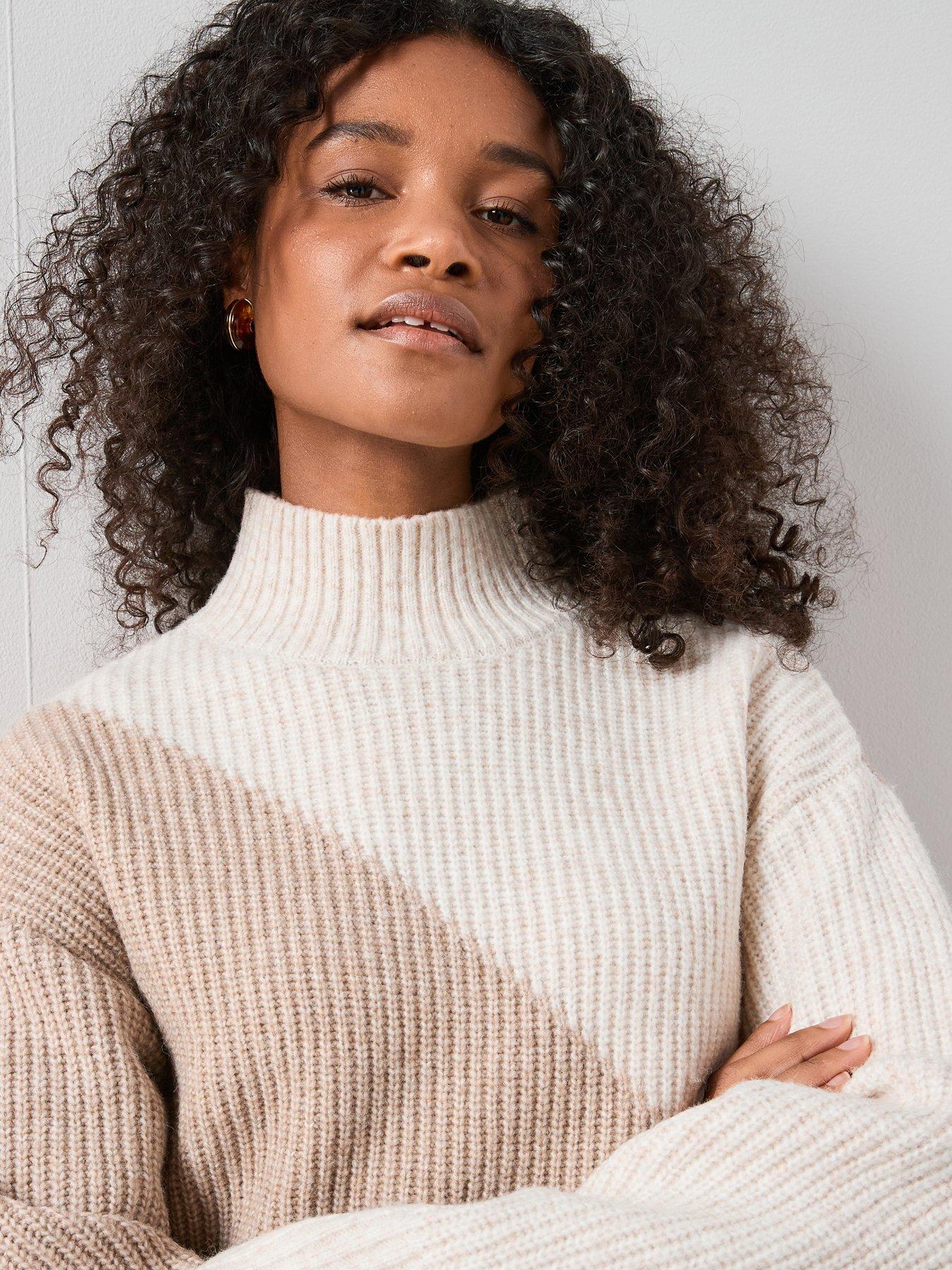 Image 6 of 7 of The Very Collection Funnel Neck Colour Block Jumper With Wool - Beige