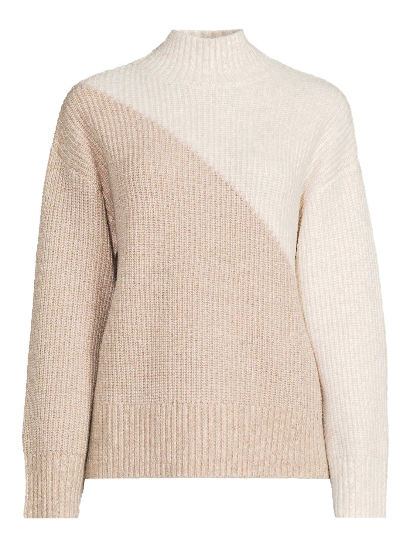 Image 7 of 7 of The Very Collection Funnel Neck Colour Block Jumper With Wool - Beige