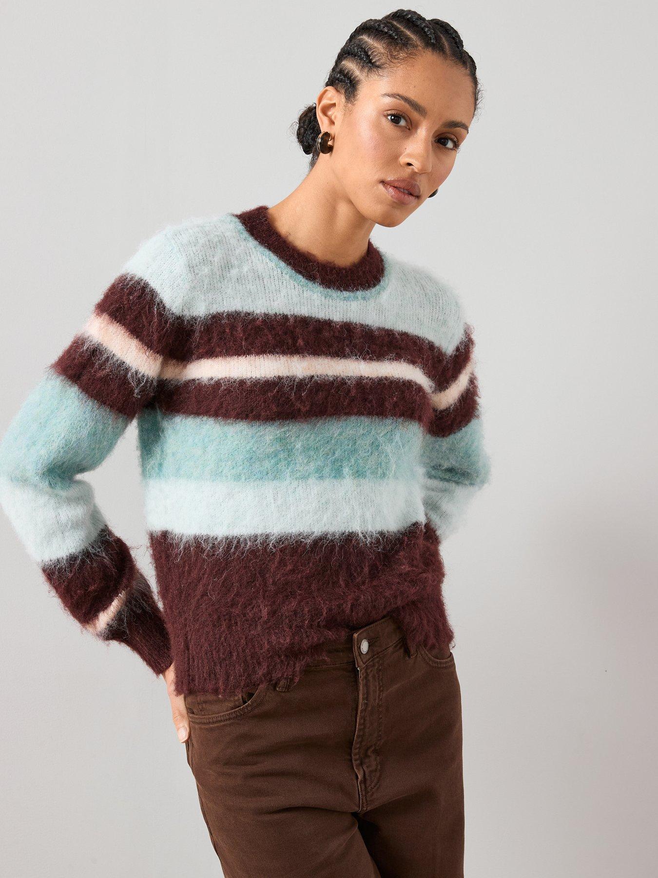 The Very Collection: Crew Neck Brushed Yarn Stripe Jumper With Wool - Multi