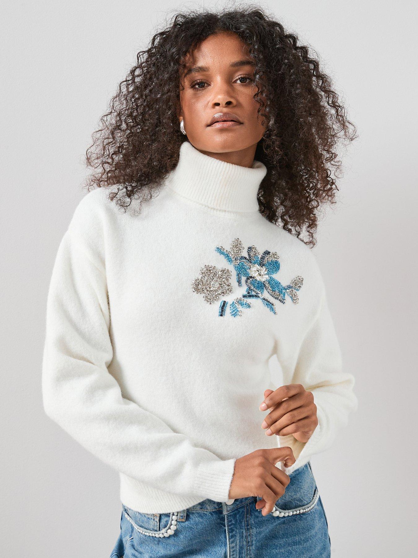 The Very Collection Roll Neck Embellished Jumper With Wool - Cream