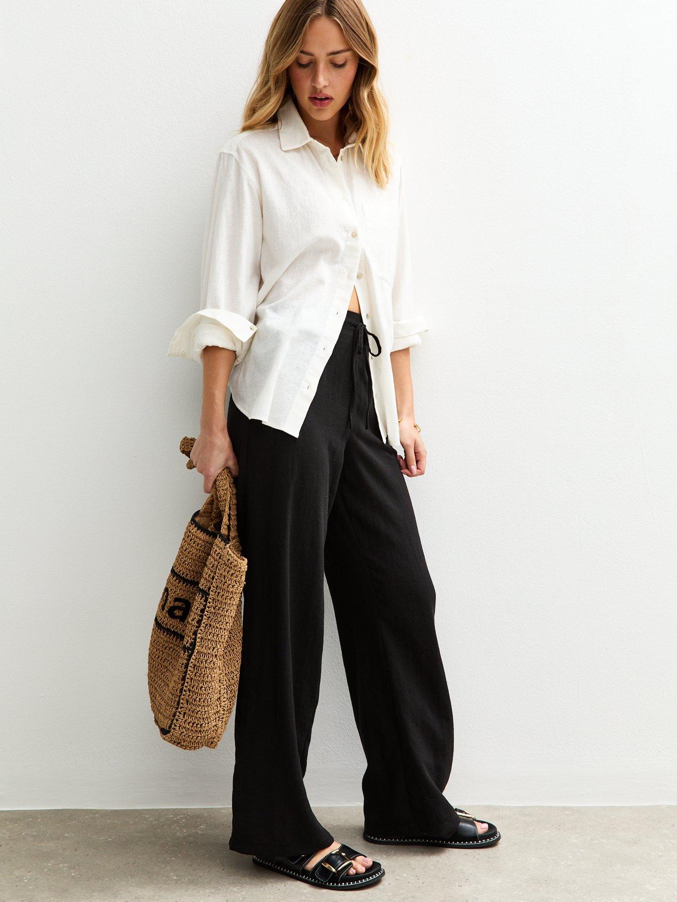 undefined Black Linen Look Wide Leg Trousers