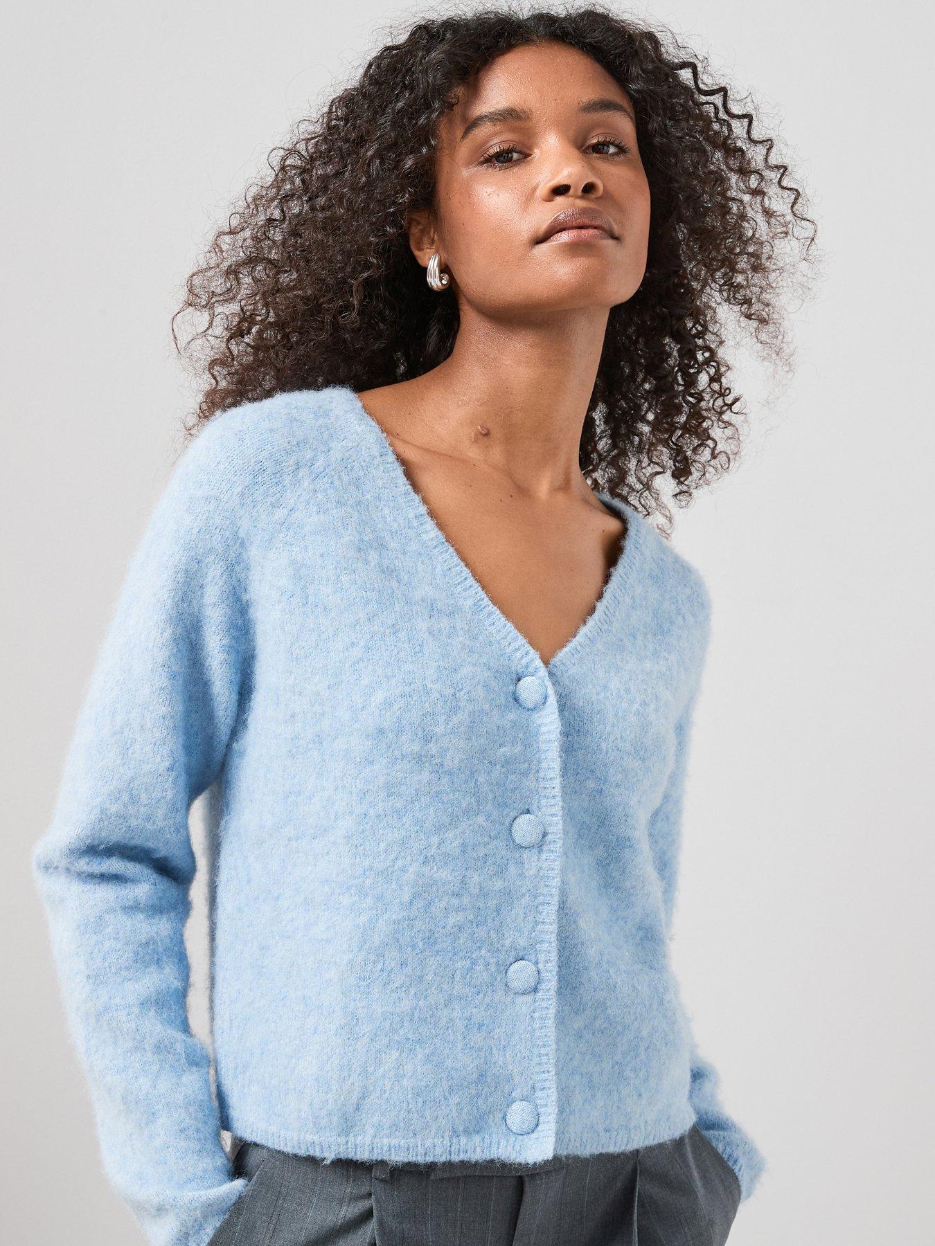 The Very Collection Fluffy V Neck Covered Button Cardigan - Blue