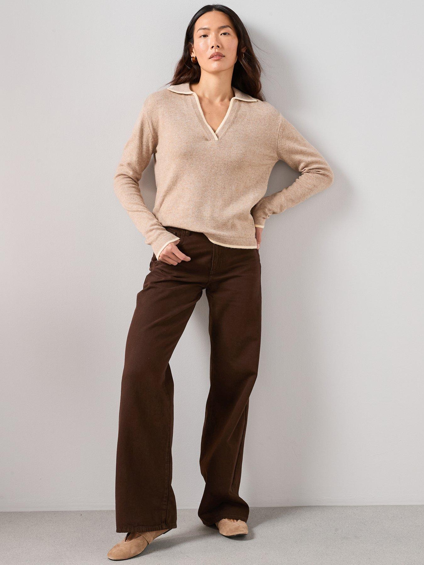 Image 1 of 7 of The Very Collection Contrast Tipping Collared Jumper With Wool - Beige