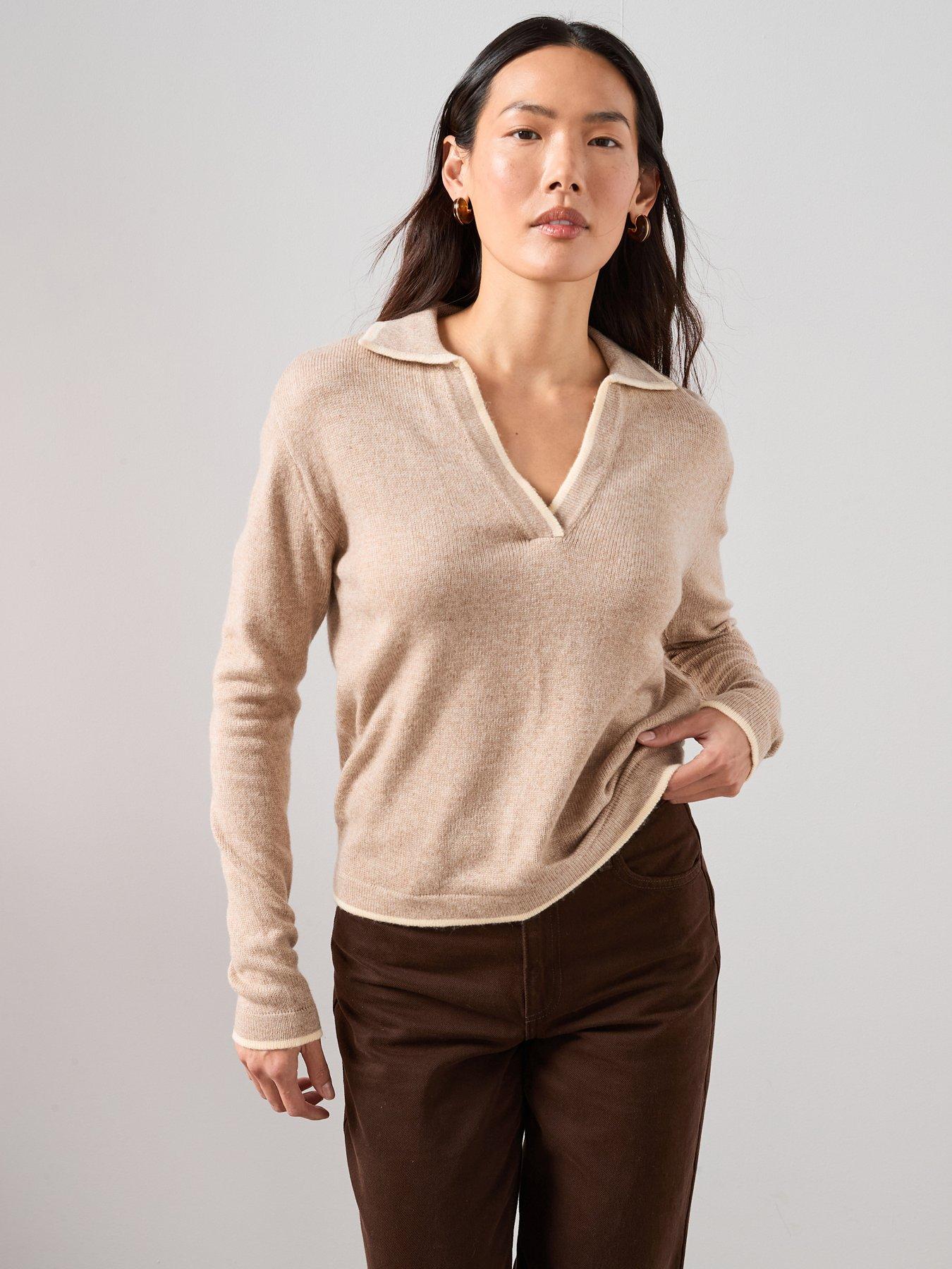 Image 3 of 7 of The Very Collection Contrast Tipping Collared Jumper With Wool - Beige