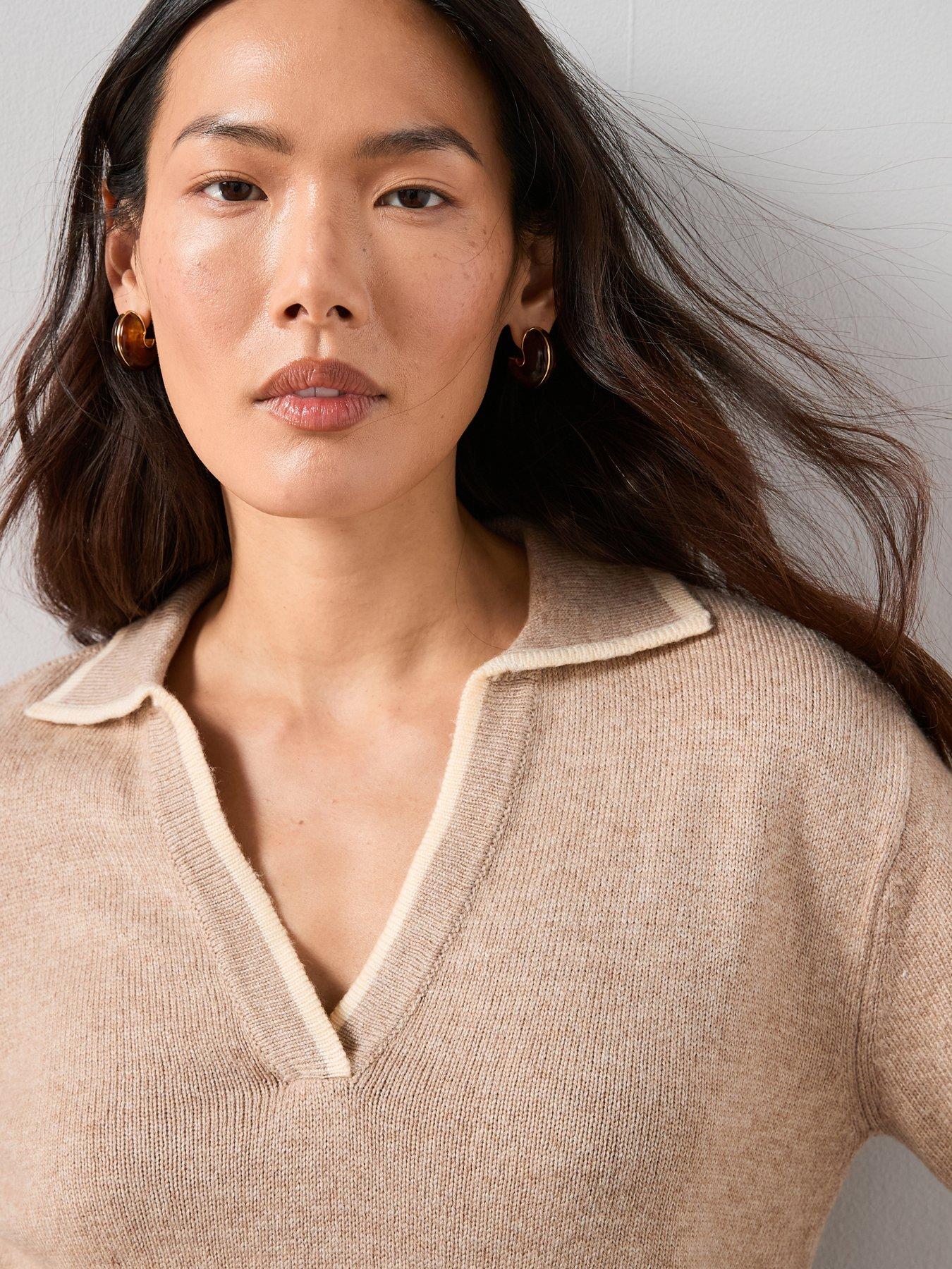 Image 4 of 7 of The Very Collection Contrast Tipping Collared Jumper With Wool - Beige