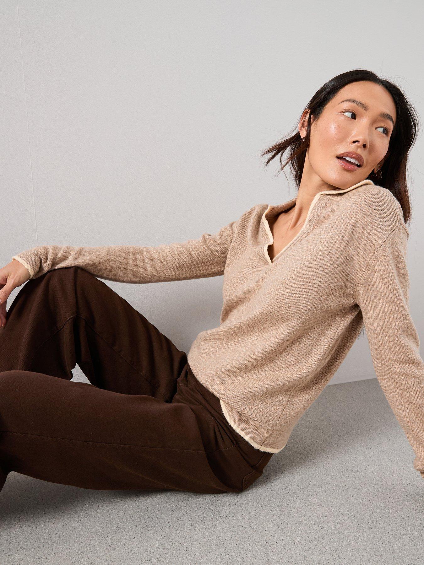 Image 5 of 7 of The Very Collection Contrast Tipping Collared Jumper With Wool - Beige