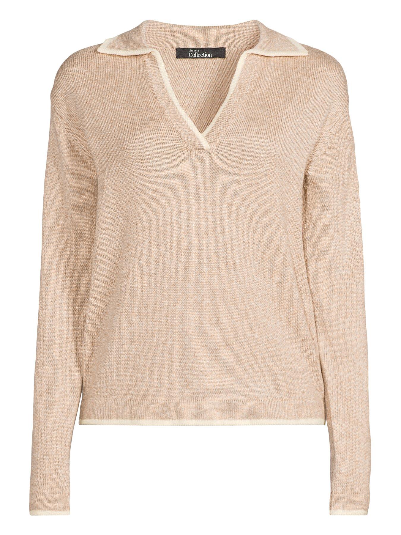 Image 7 of 7 of The Very Collection Contrast Tipping Collared Jumper With Wool - Beige