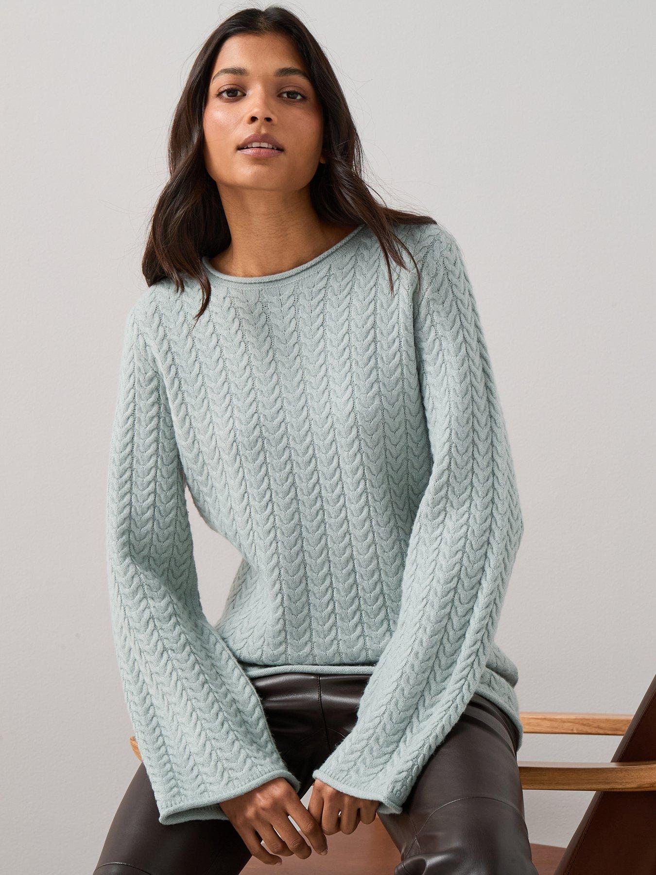 The Very Collection Rolled Edge Longline Cable Jumper - Grey Blue