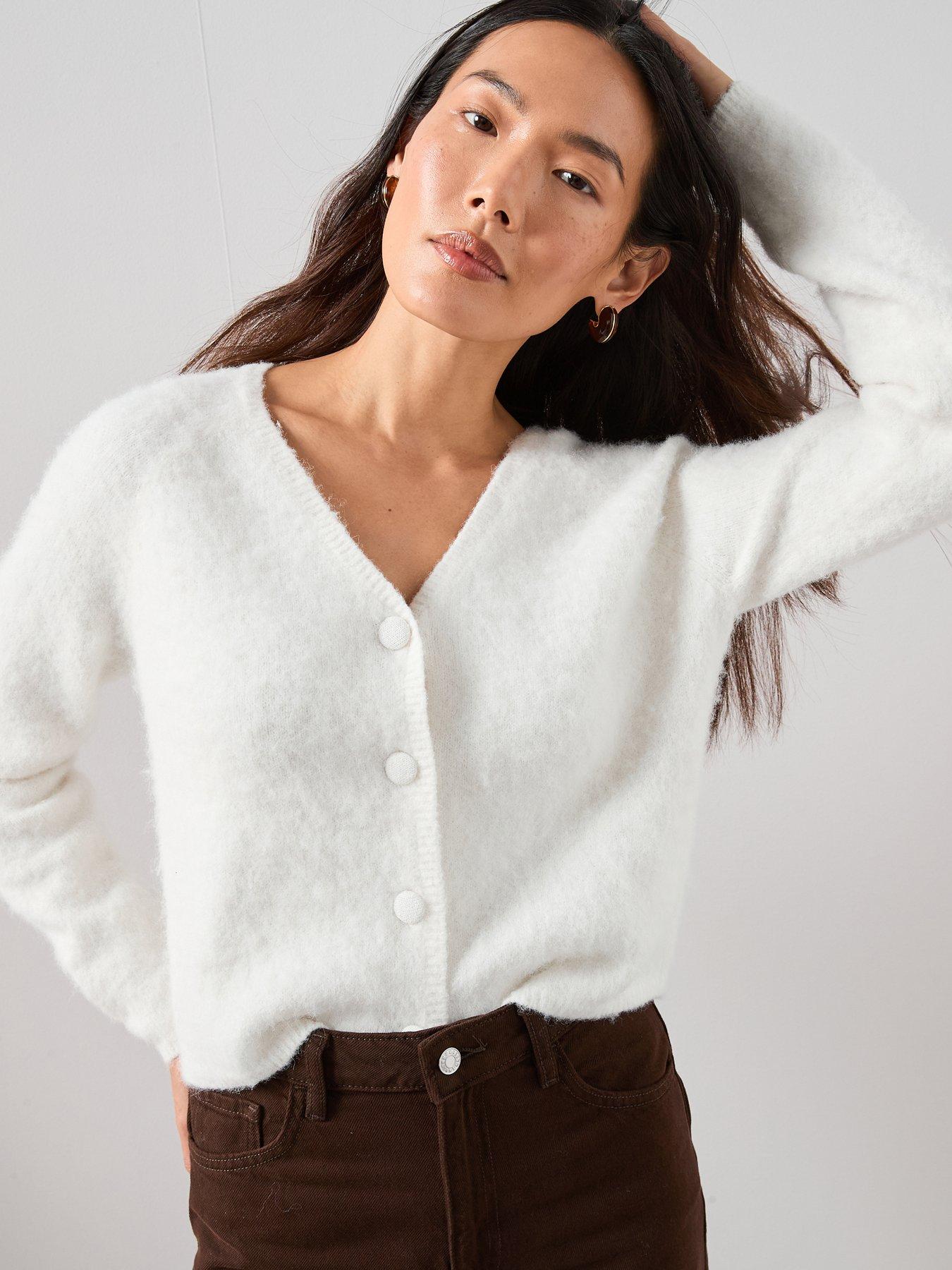 The Very Collection: Fluffy V Neck Covered Button Cardigan - Cream
