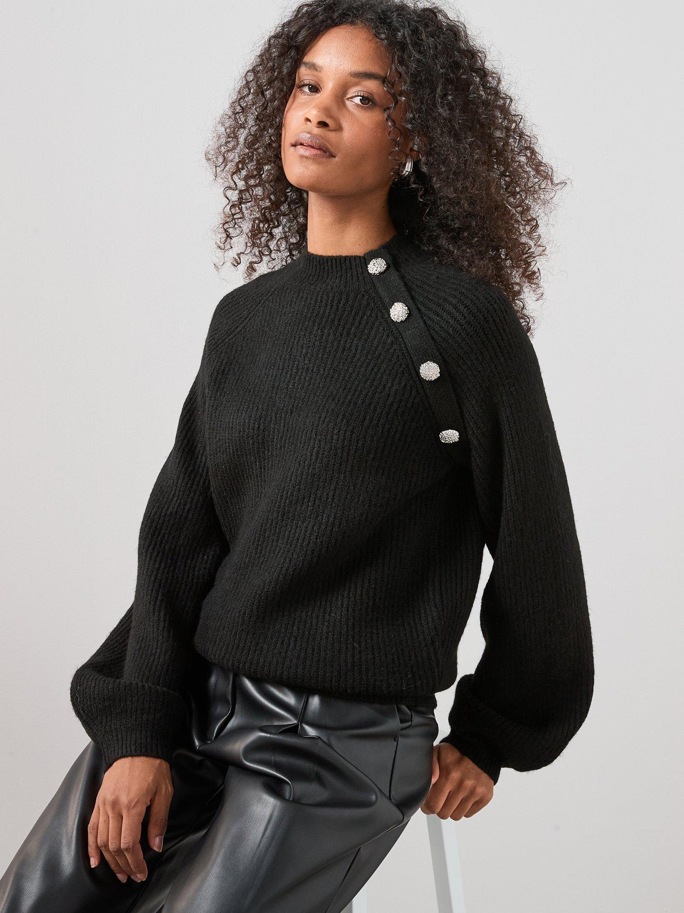 The Very Collection Funnel Neck Button Shoulder Jumper - Black