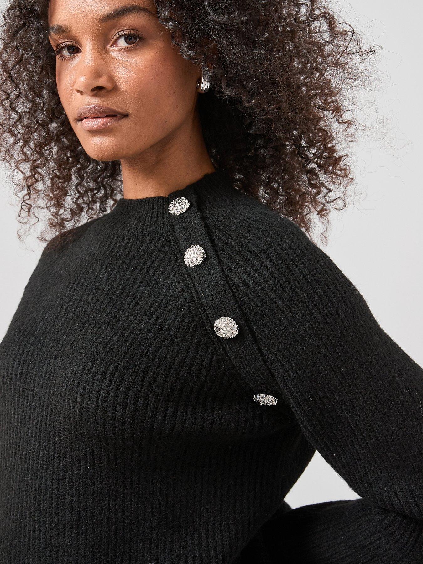 Image 5 of 7 of The Very Collection Funnel Neck Button Shoulder Jumper - Black