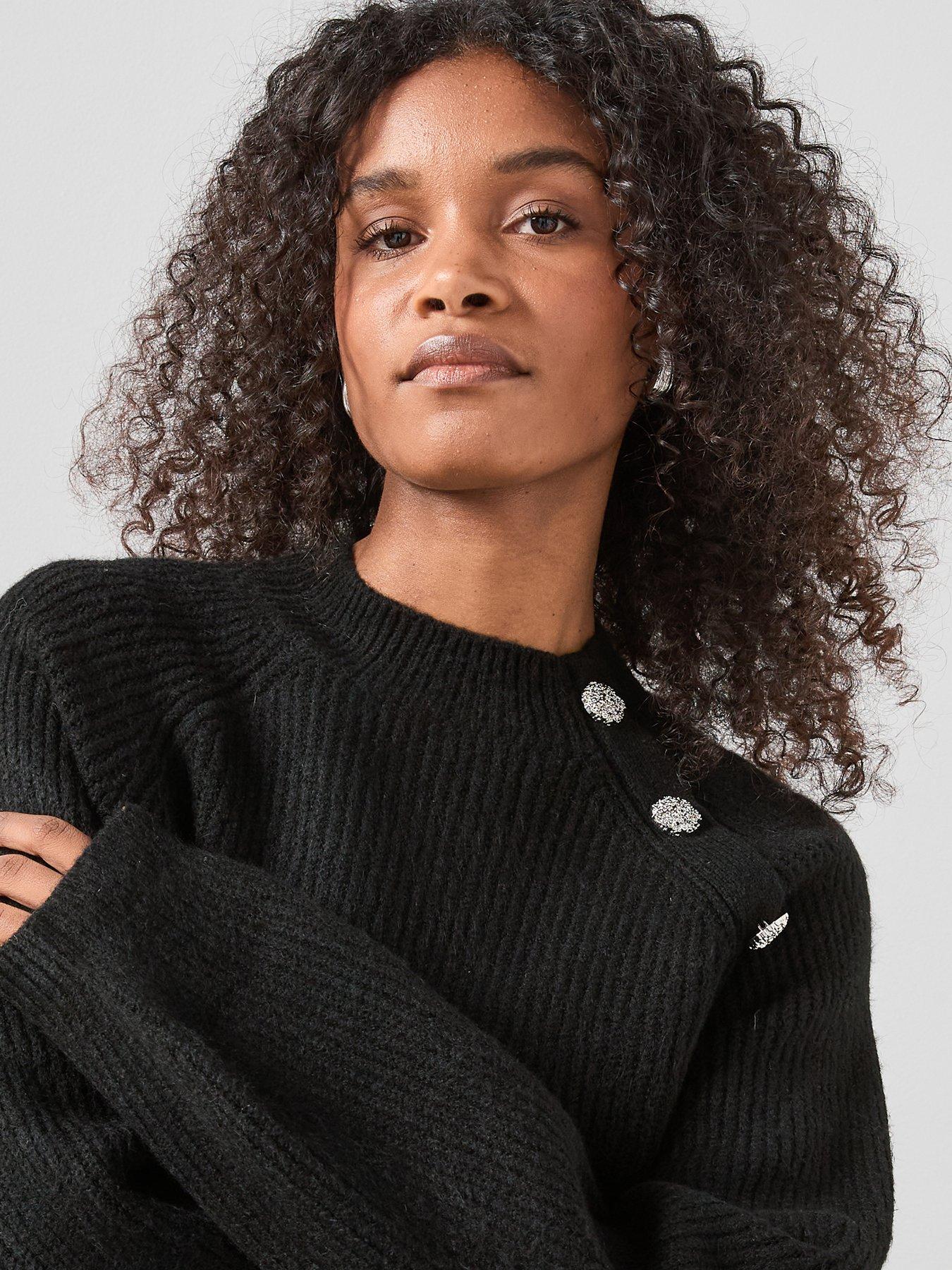 Image 6 of 7 of The Very Collection Funnel Neck Button Shoulder Jumper - Black
