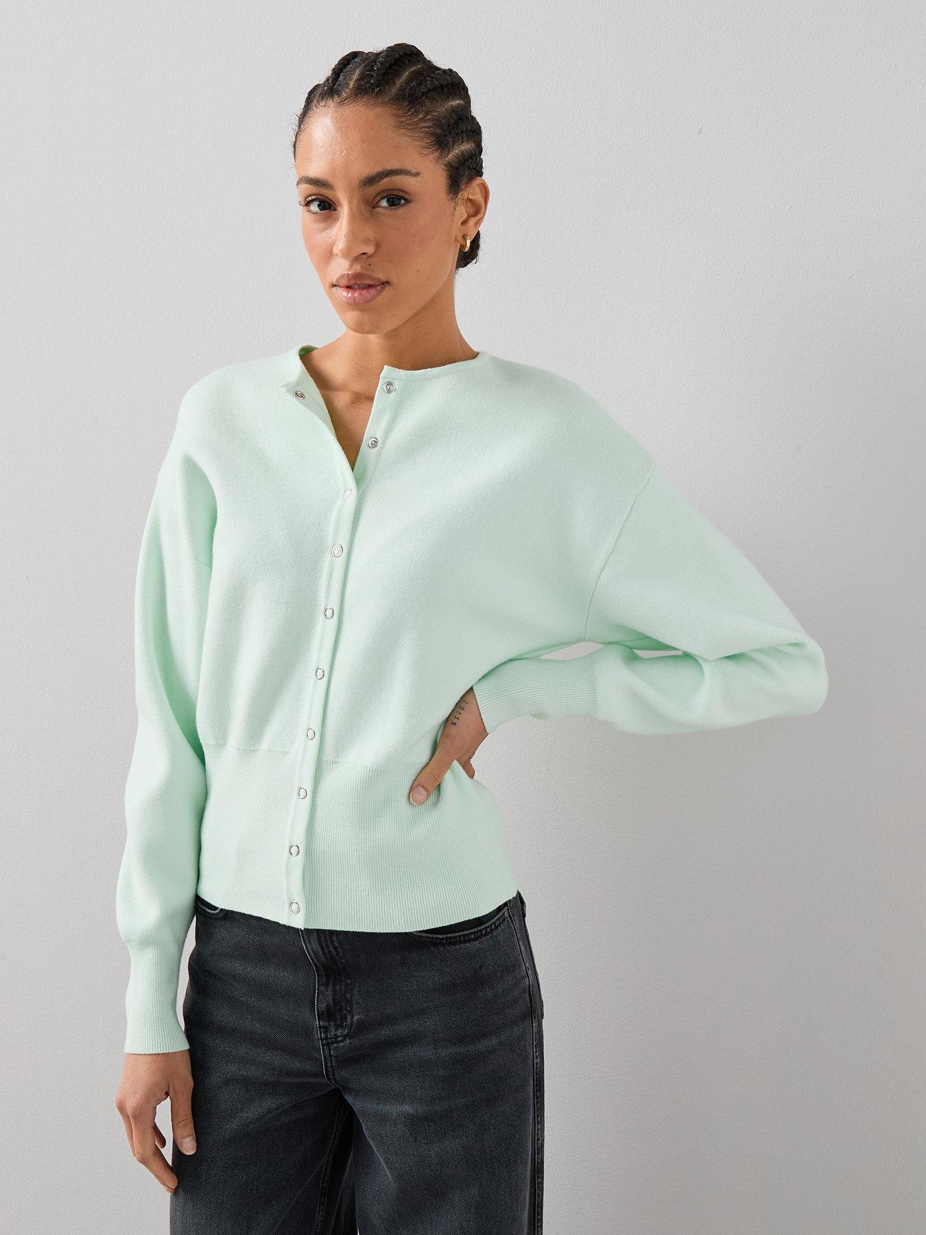 Image 1 of 7 of The Very Collection Crew Neck Popper Front Cardigan - Green