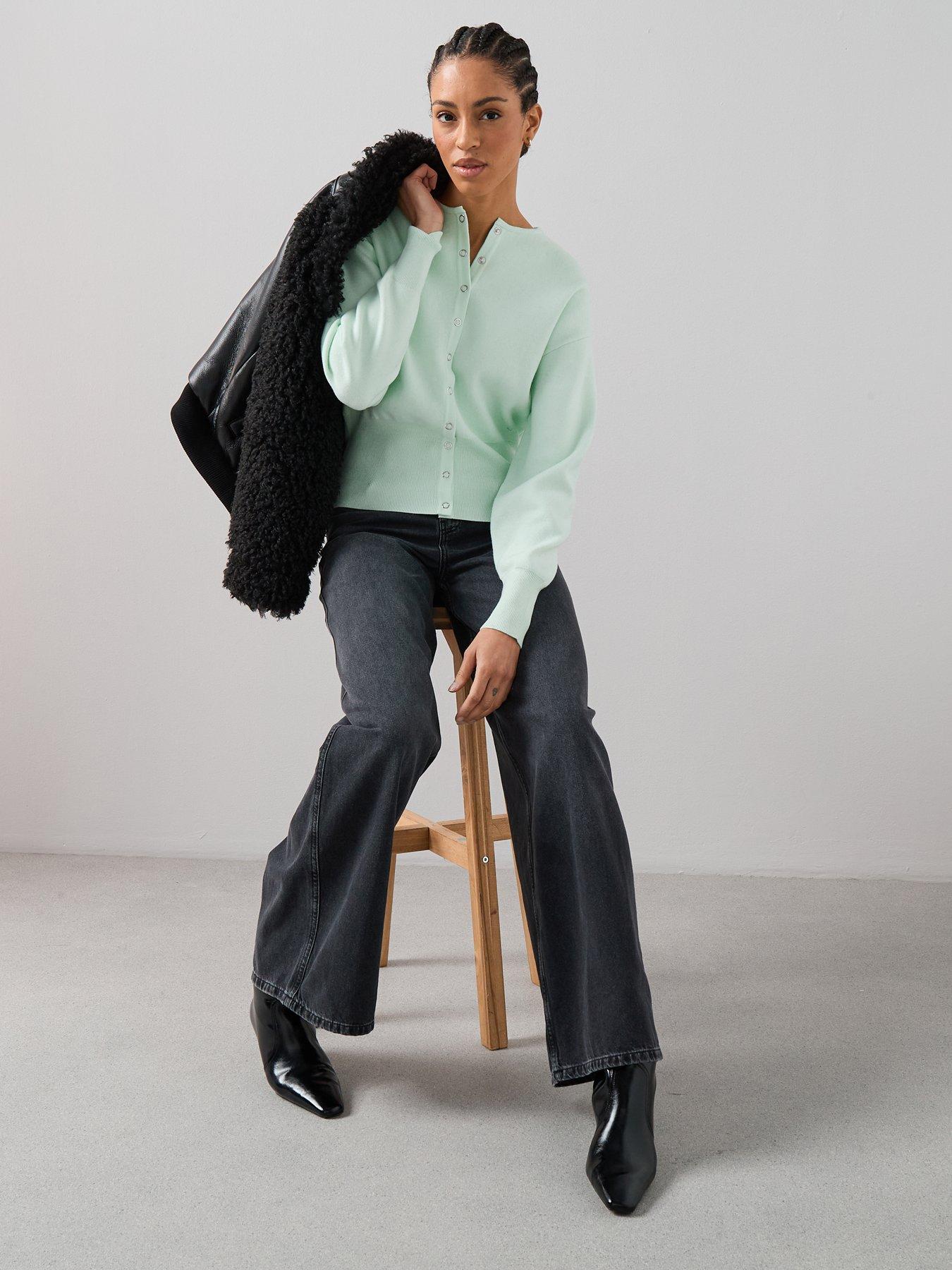Image 3 of 7 of The Very Collection Crew Neck Popper Front Cardigan - Green