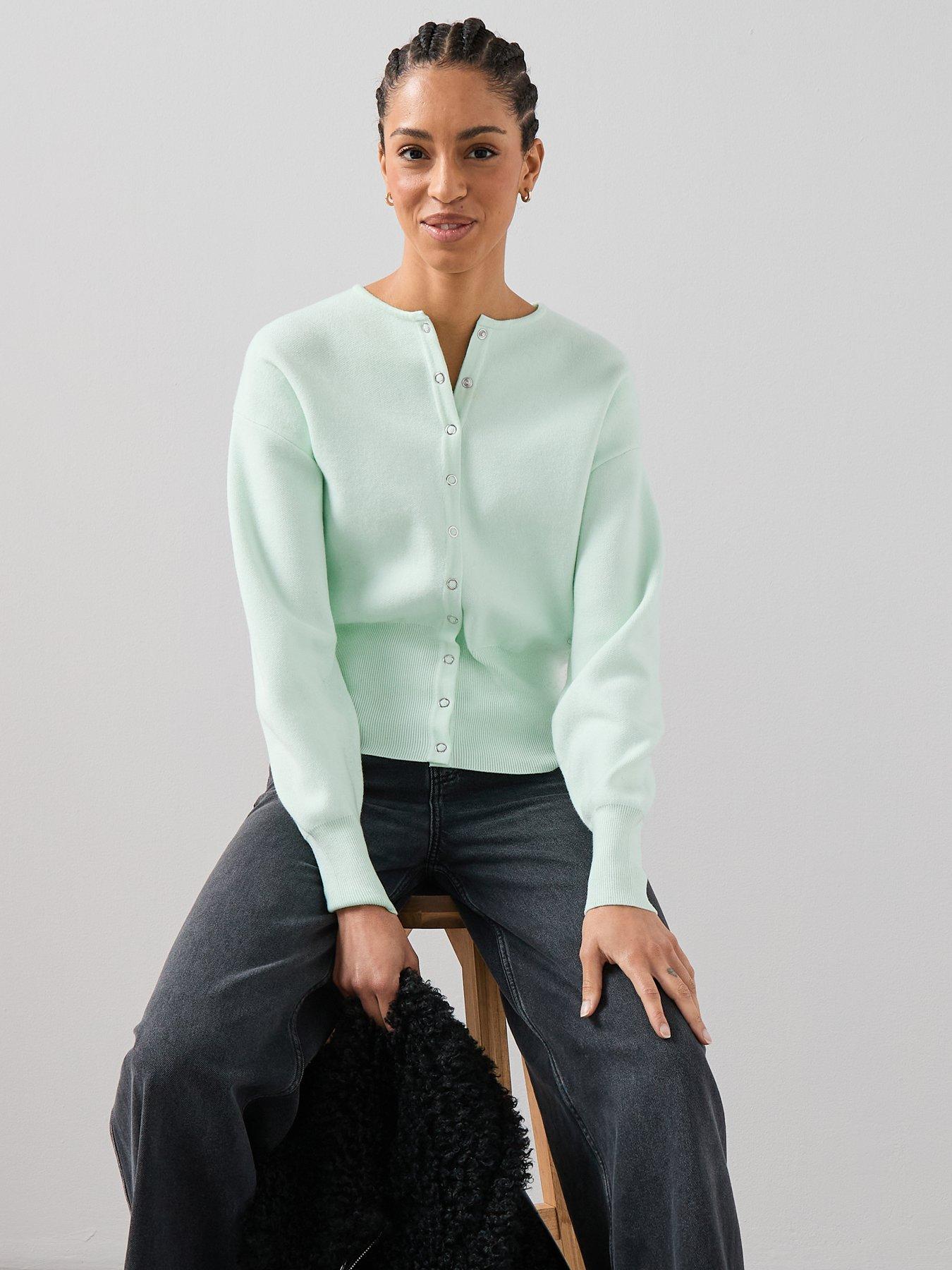 Image 6 of 7 of The Very Collection Crew Neck Popper Front Cardigan - Green