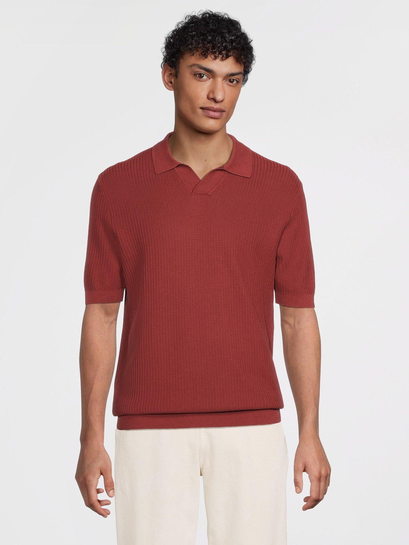 undefined Fluid Knitted Cotton Short Sleeve Polo Shirt - Dark Red