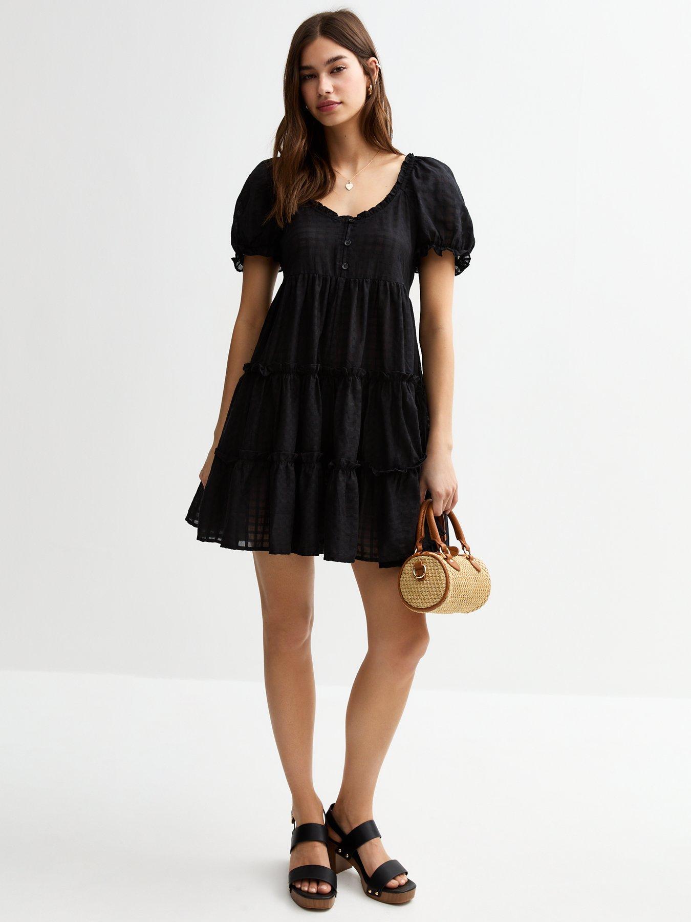 undefined Textured Check Tiered Mini Smock Dress - Black