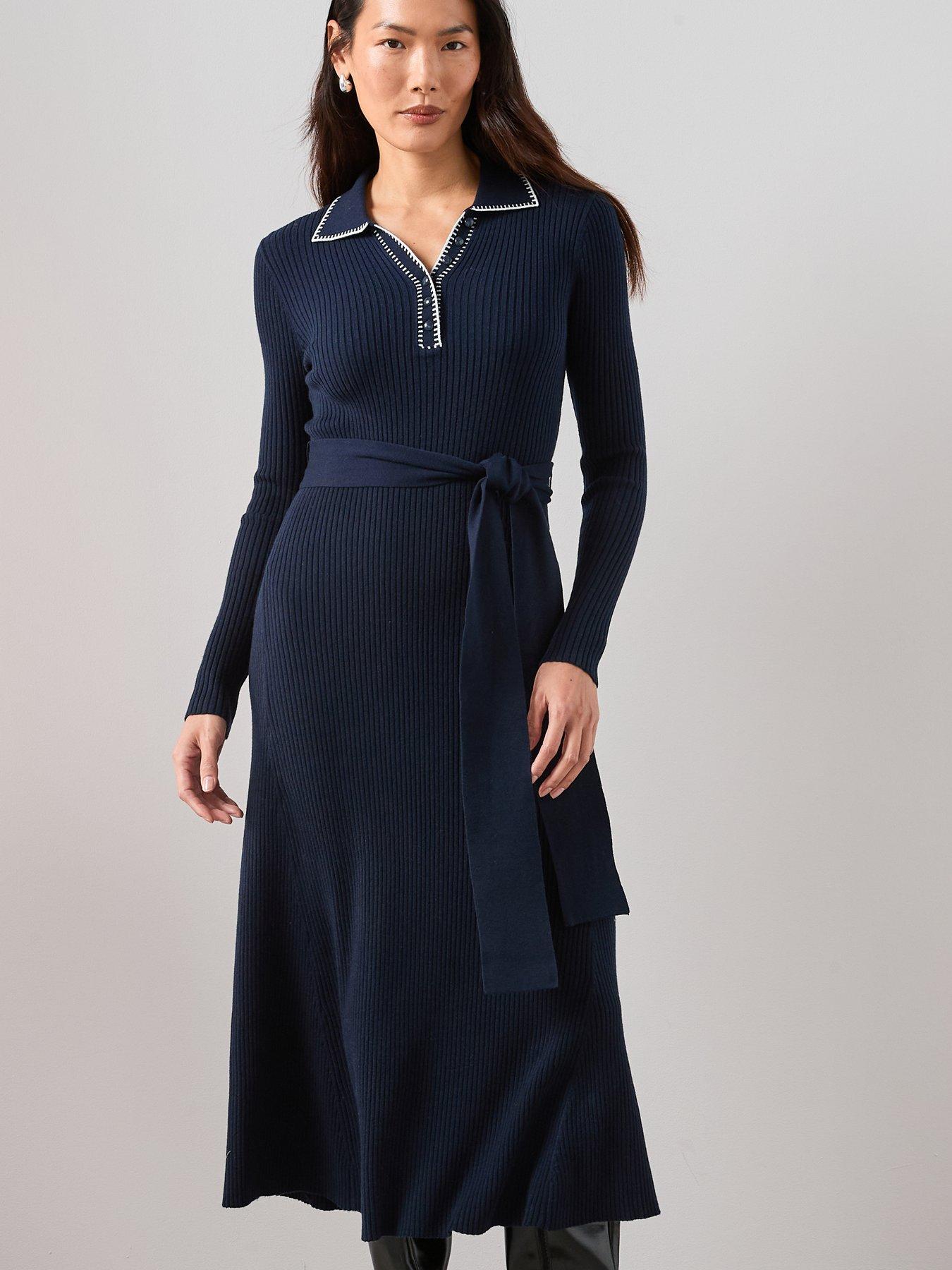 The Very Collection Collared Neck Midaxi Dress With Stitch Detail - Blue