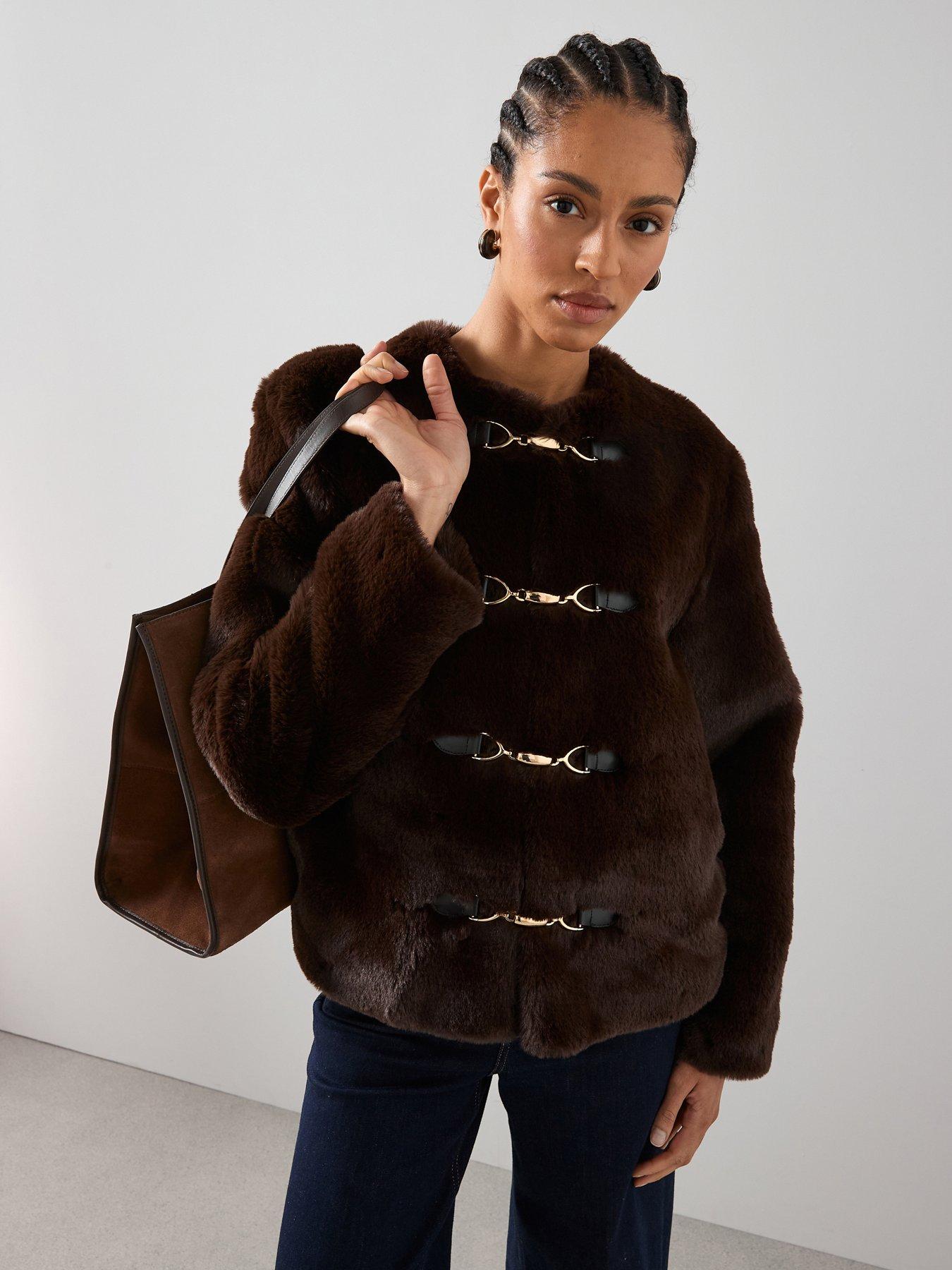 Image 1 of 7 of The Very Collection Faux Fur Collarless Jacket With Buckle Details - Brown