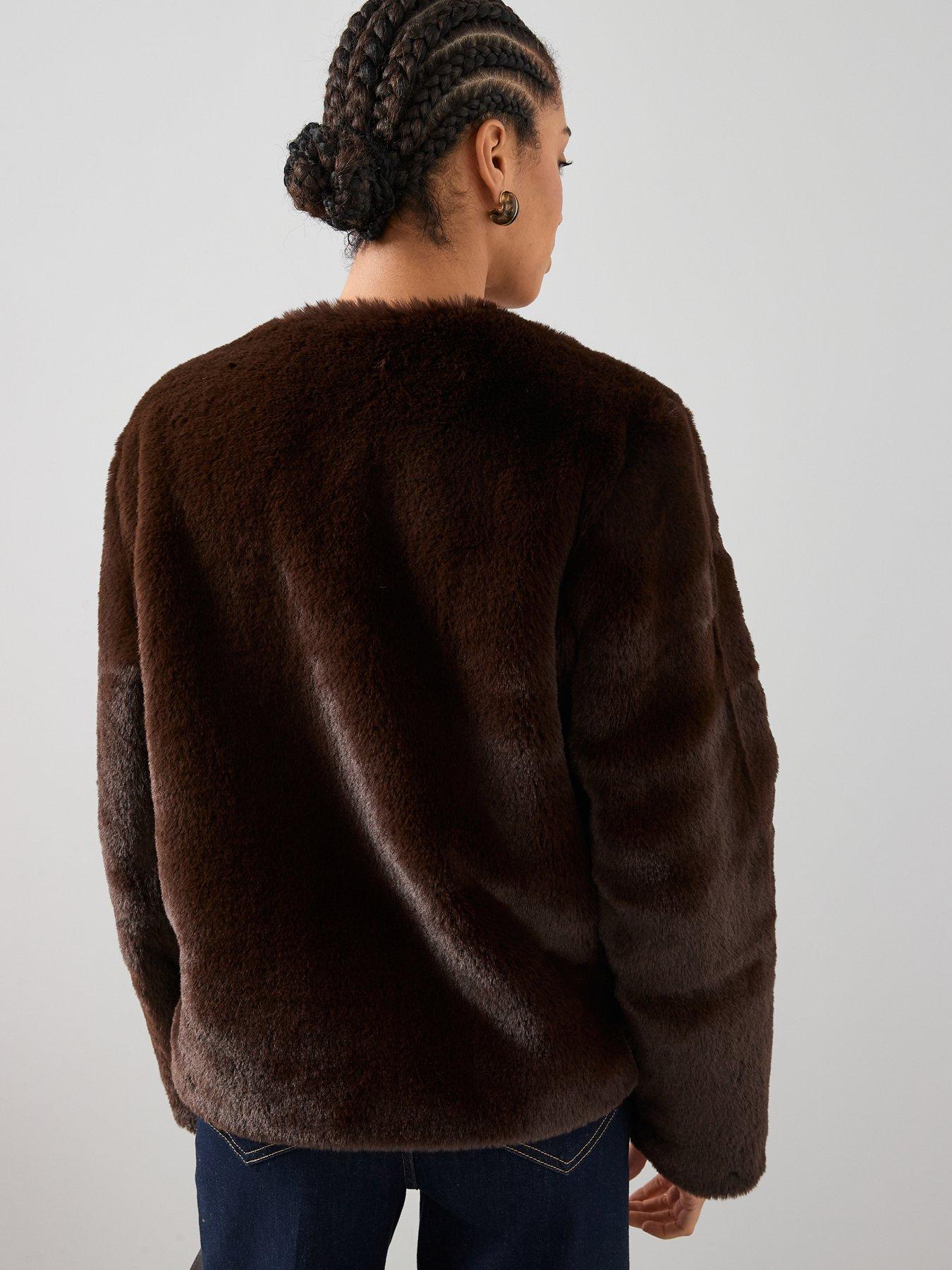 Image 2 of 7 of The Very Collection Faux Fur Collarless Jacket With Buckle Details - Brown