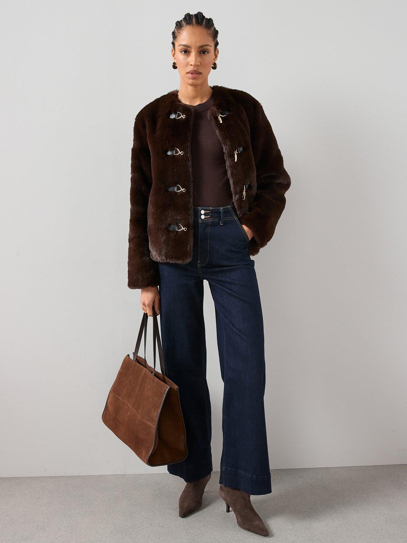 Image 3 of 7 of The Very Collection Faux Fur Collarless Jacket With Buckle Details - Brown