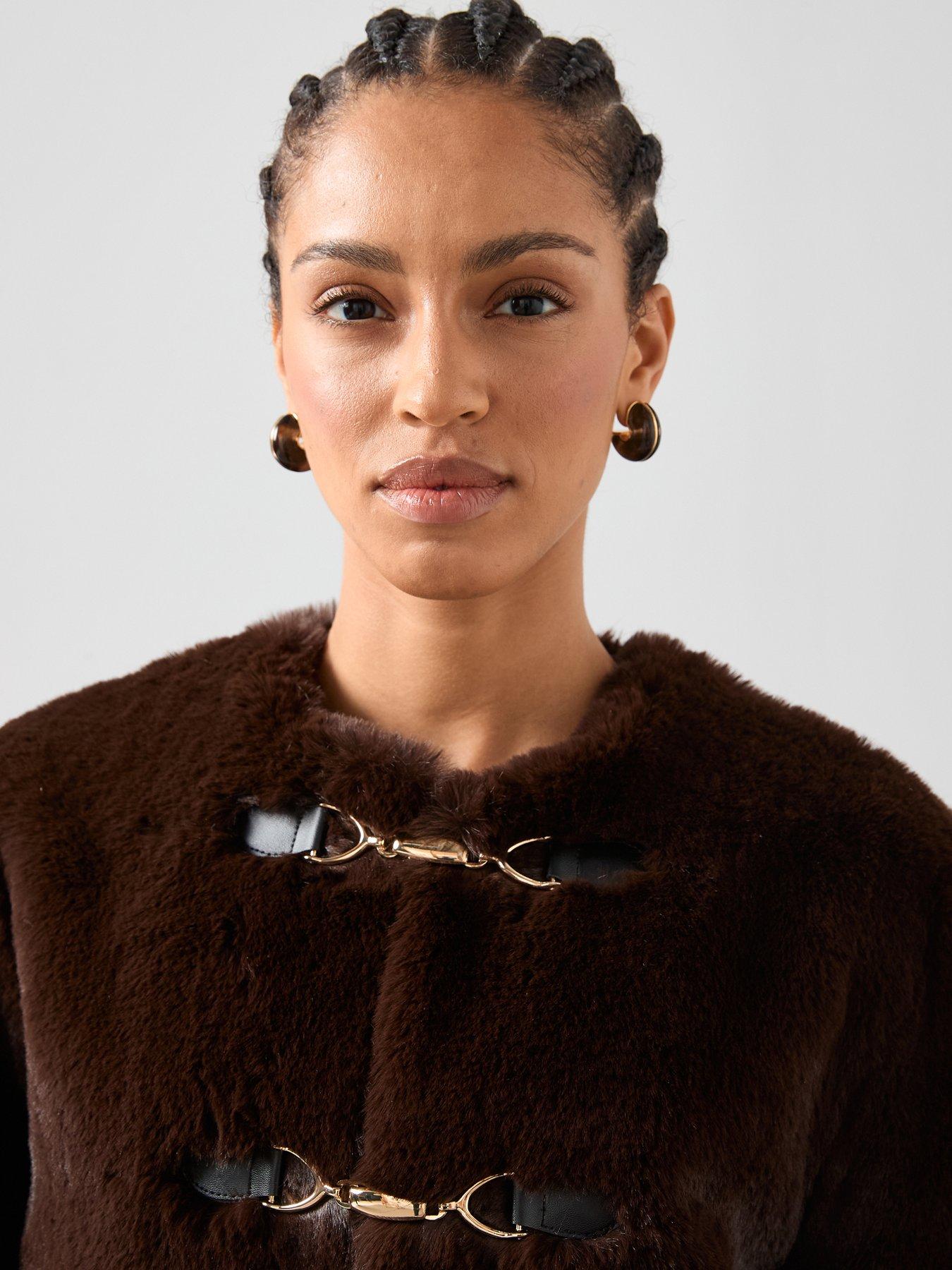 Image 4 of 7 of The Very Collection Faux Fur Collarless Jacket With Buckle Details - Brown