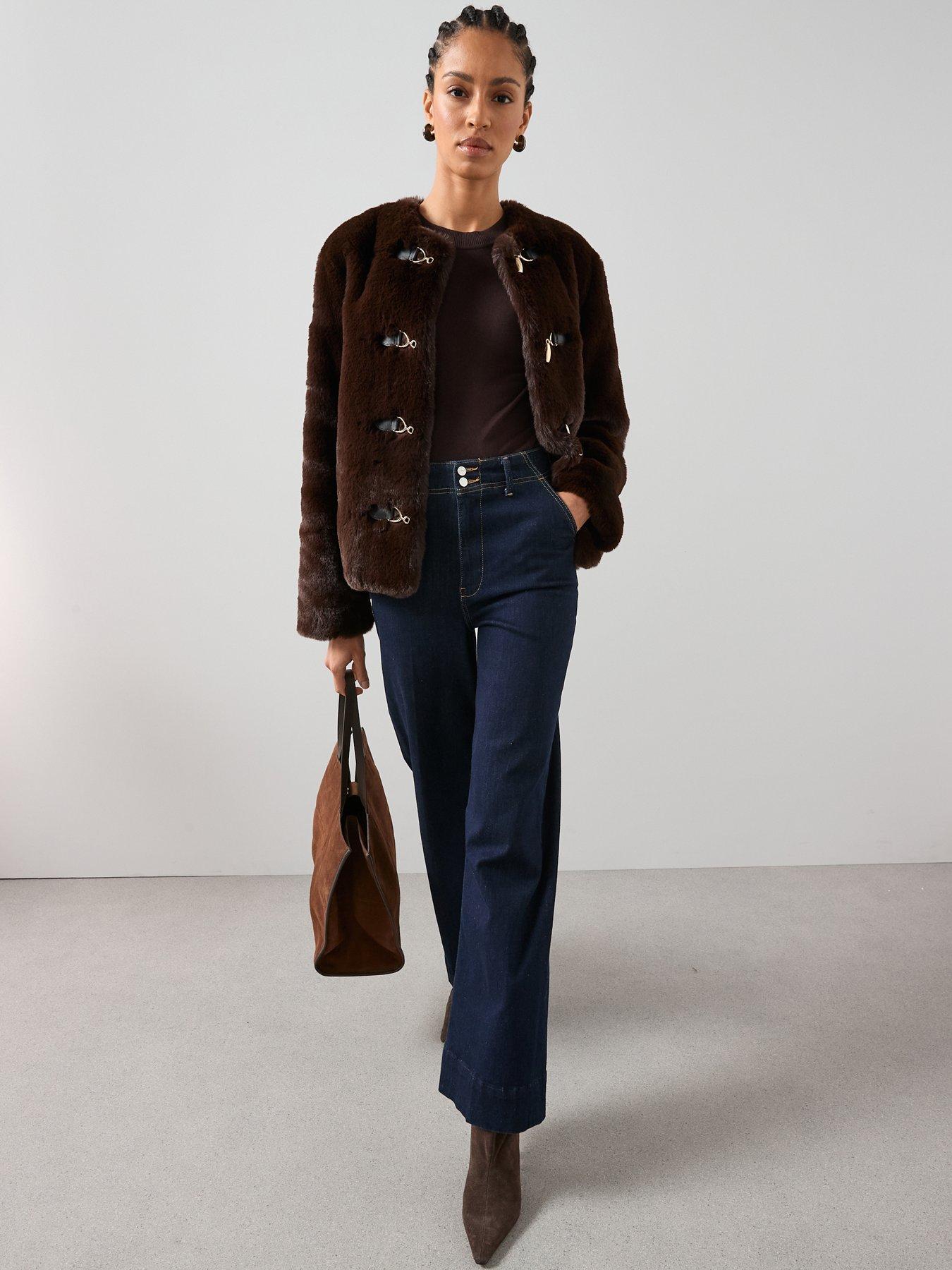 Image 5 of 7 of The Very Collection Faux Fur Collarless Jacket With Buckle Details - Brown