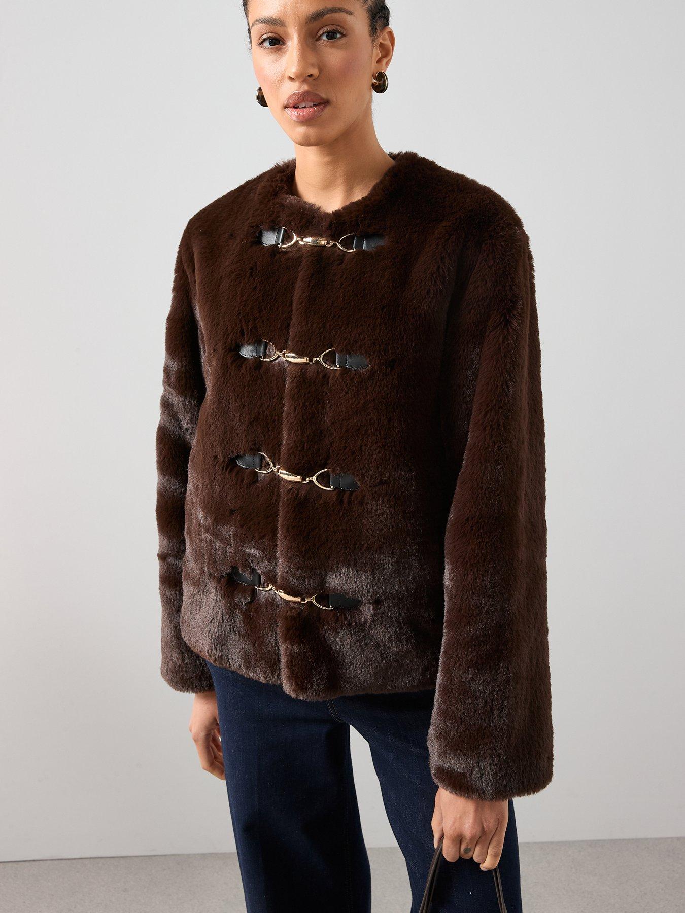 Image 6 of 7 of The Very Collection Faux Fur Collarless Jacket With Buckle Details - Brown