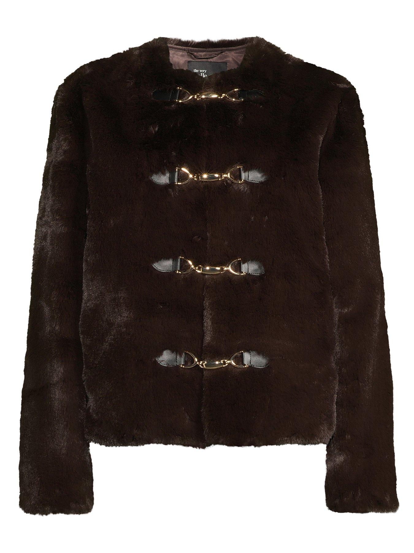 Image 7 of 7 of The Very Collection Faux Fur Collarless Jacket With Buckle Details - Brown