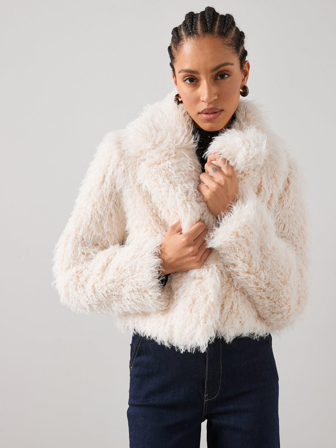 The Very Collection: Short Mongolian Faux Fur Coat - Cream