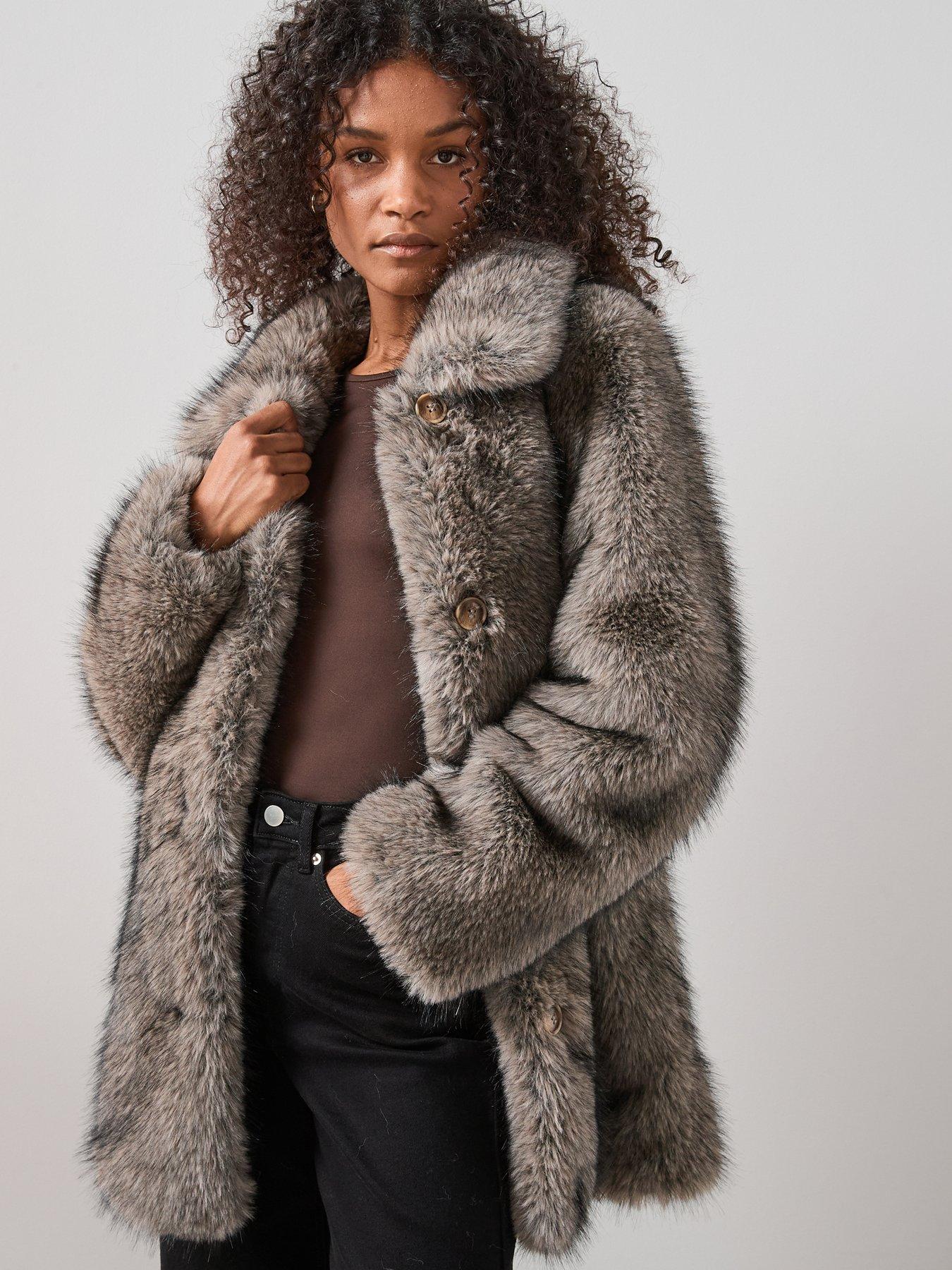 The Very Collection Faux Fur Coat With Collar - Dark Beige