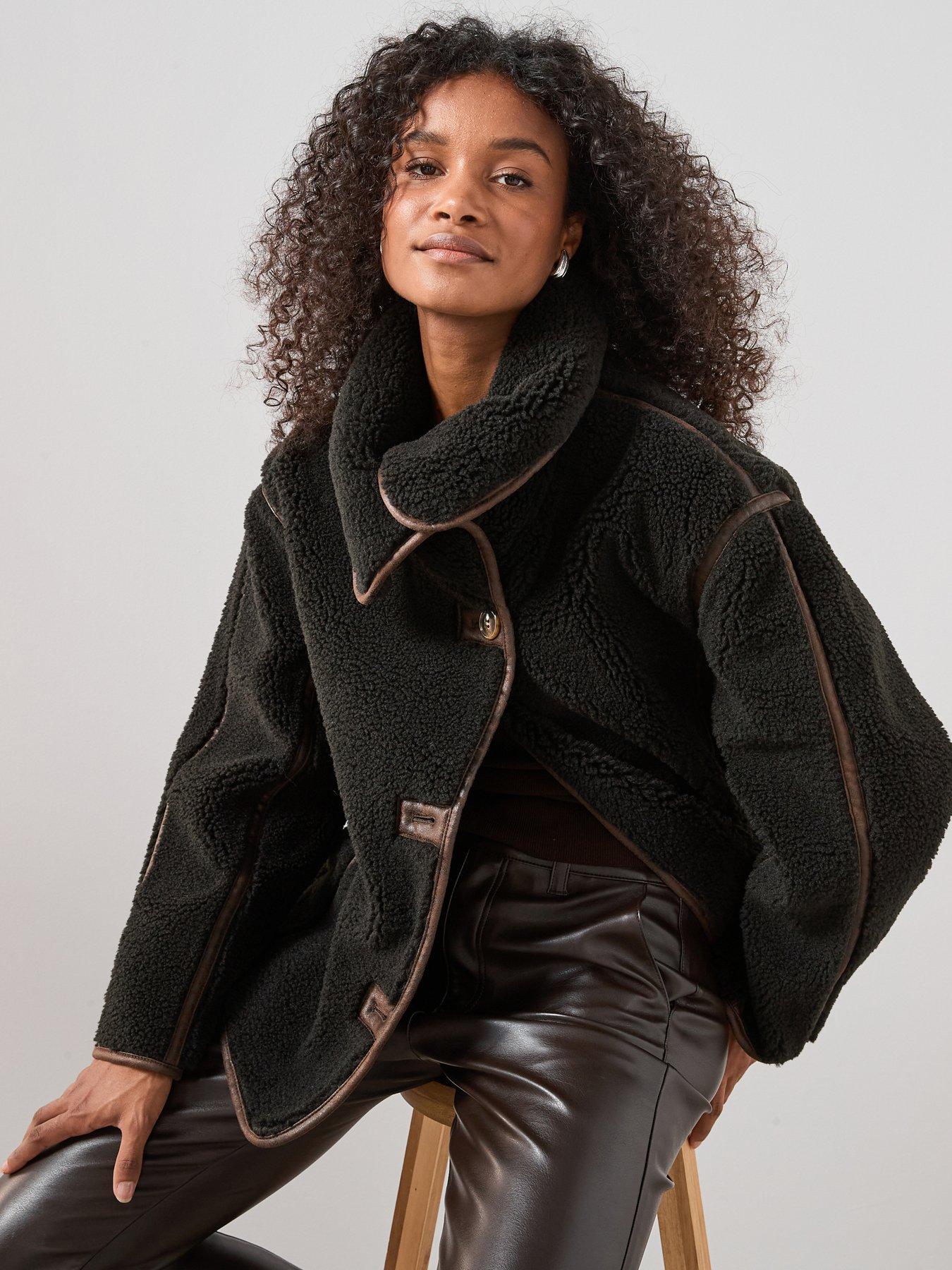 The Very Collection Pu Trim Faux Shearling Coat - Dark ~Brown | Very